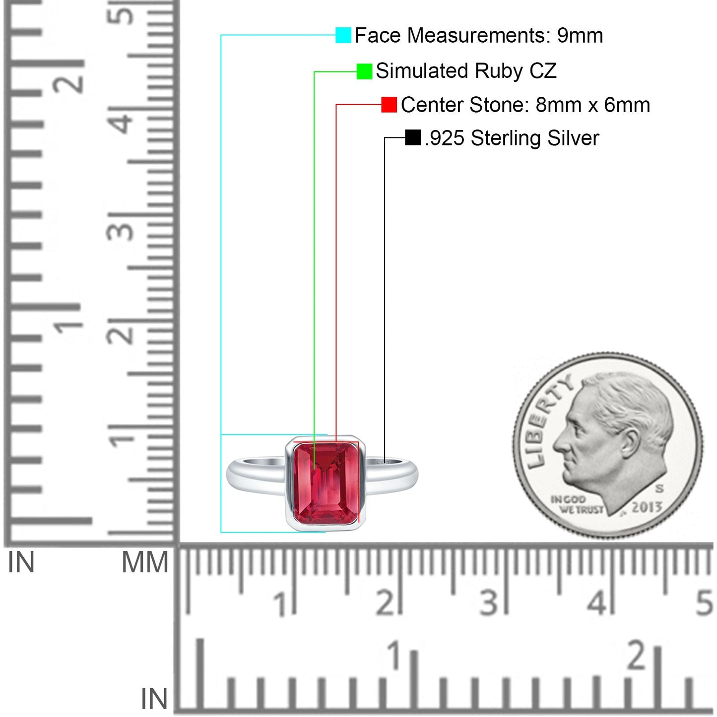 Bezel Set Emerald 8mmx6mm Simulated Ruby CZ Engagement Ring