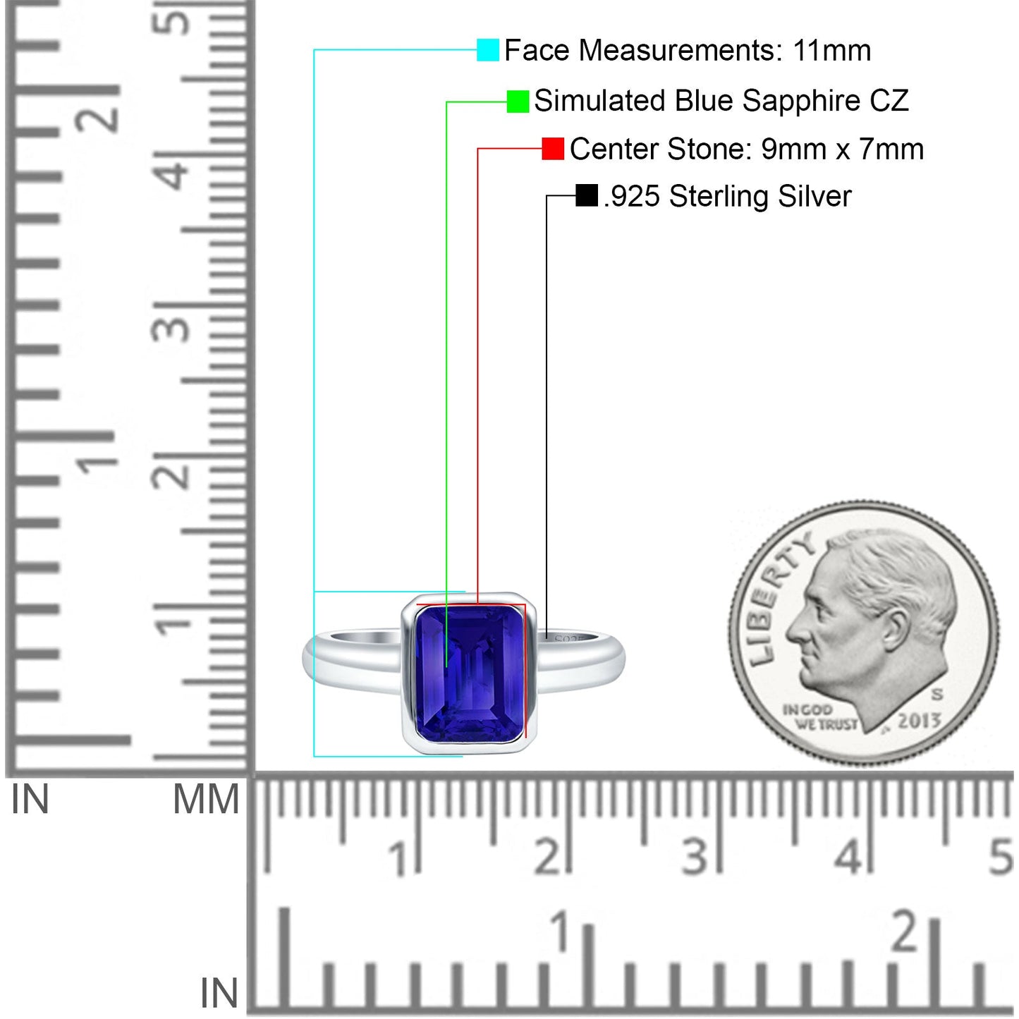 Bezel Set 9mmx7mm Emerald Simulated Blue Sapphire CZ Engagement Ring