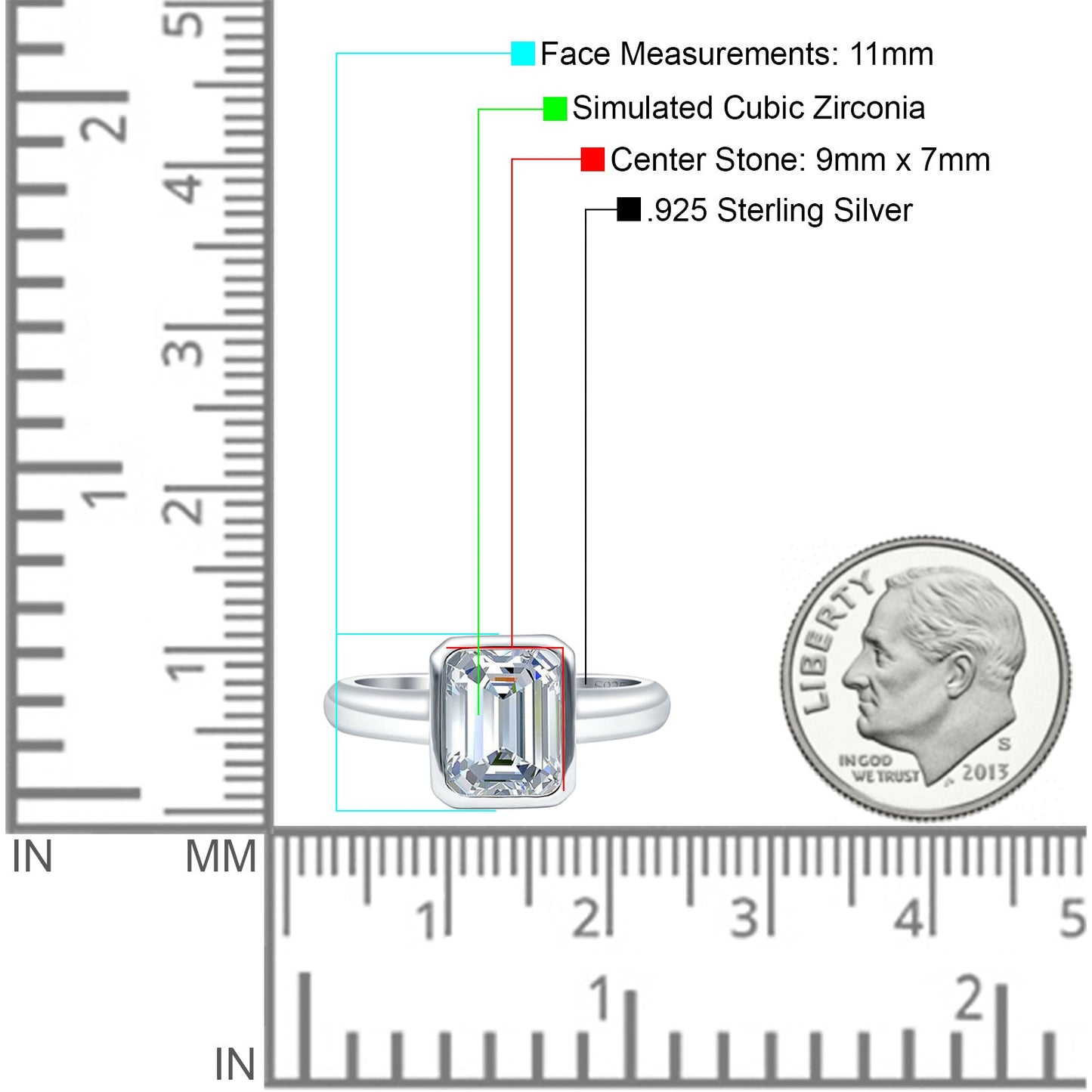 Bezel Set 9mmx7mm Emerald Cubic Zirconia Engagement Ring