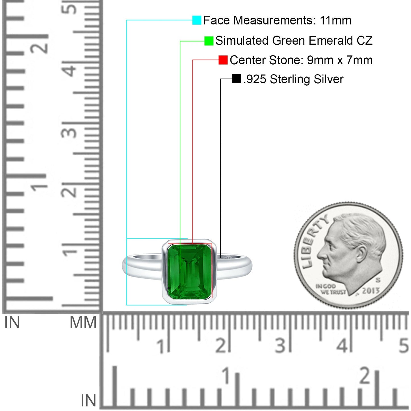 Bezel Set 9mmx7mm Emerald Simulated Green Emerald CZ Engagement Ring