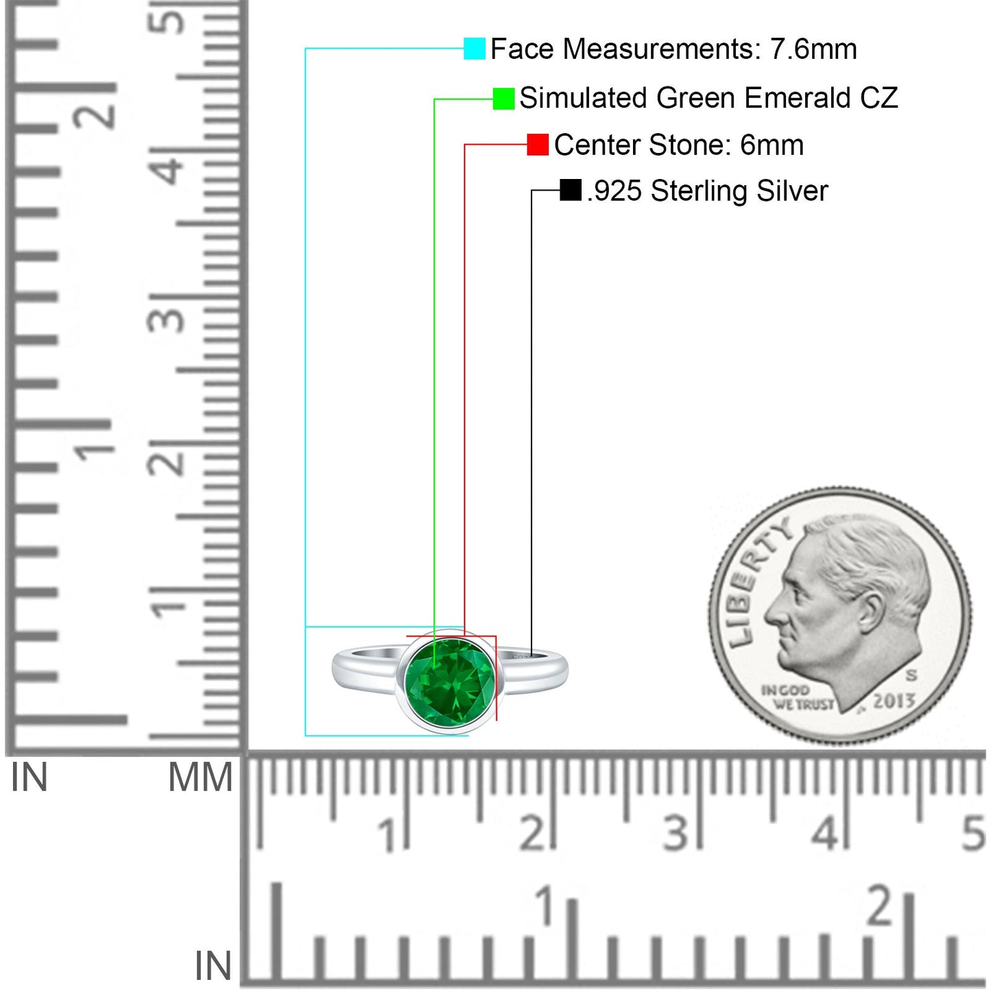 Bezel Set 6mm Round Simulated Green Emerald CZ Engagement Ring