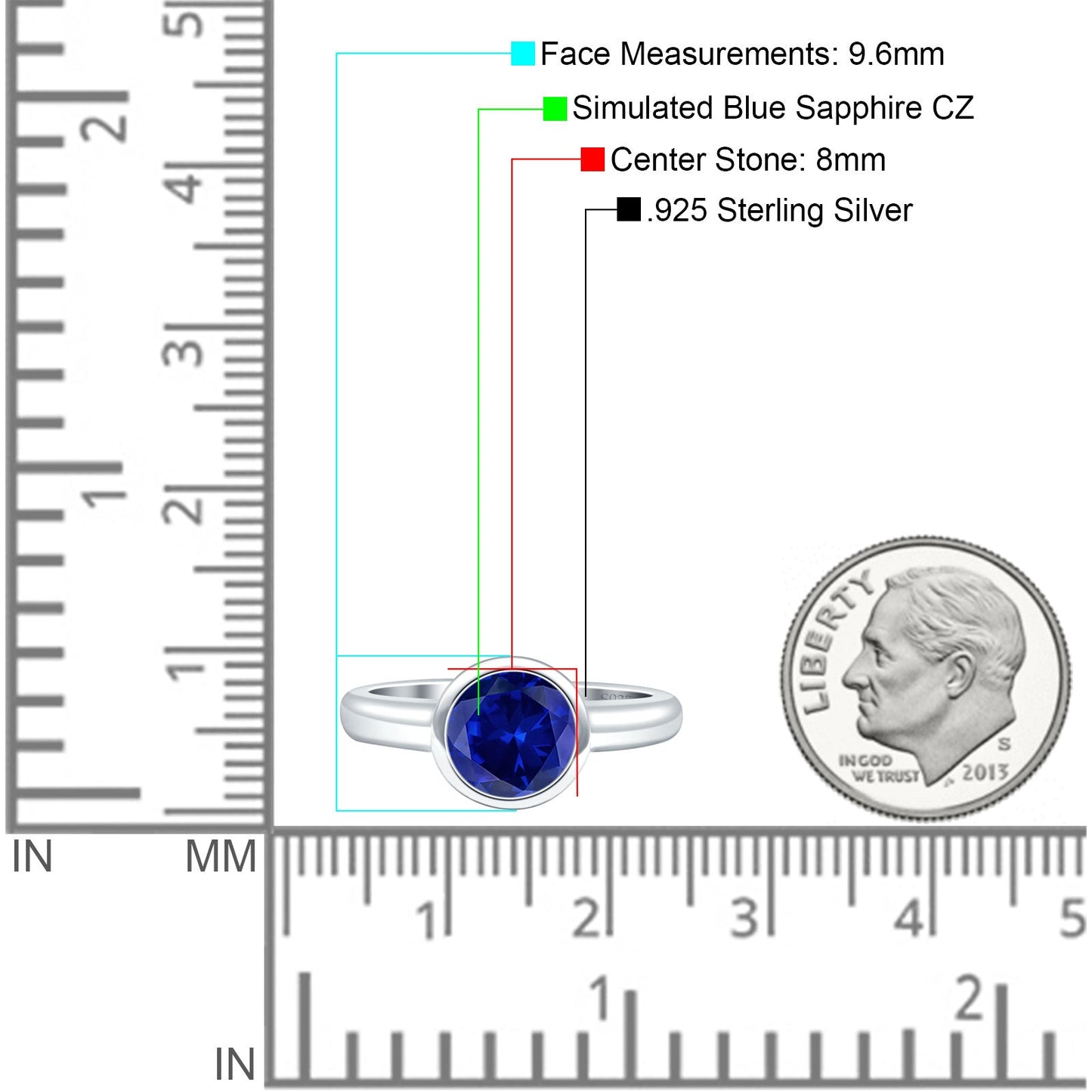 Bezel Set 8mm Round Simulated Blue Sapphire CZ Engagement Ring