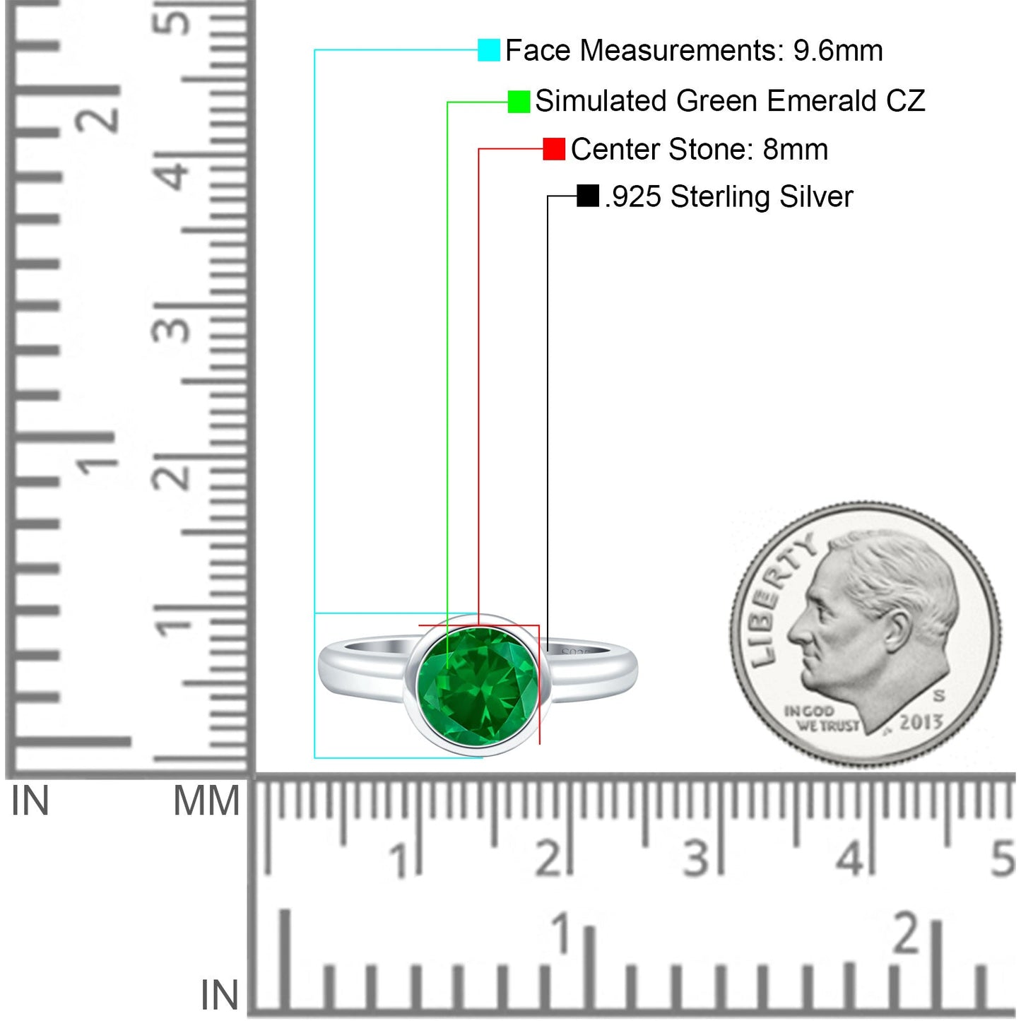 Bezel Set 8mm Round Simulated Green Emerald CZ Engagement Ring