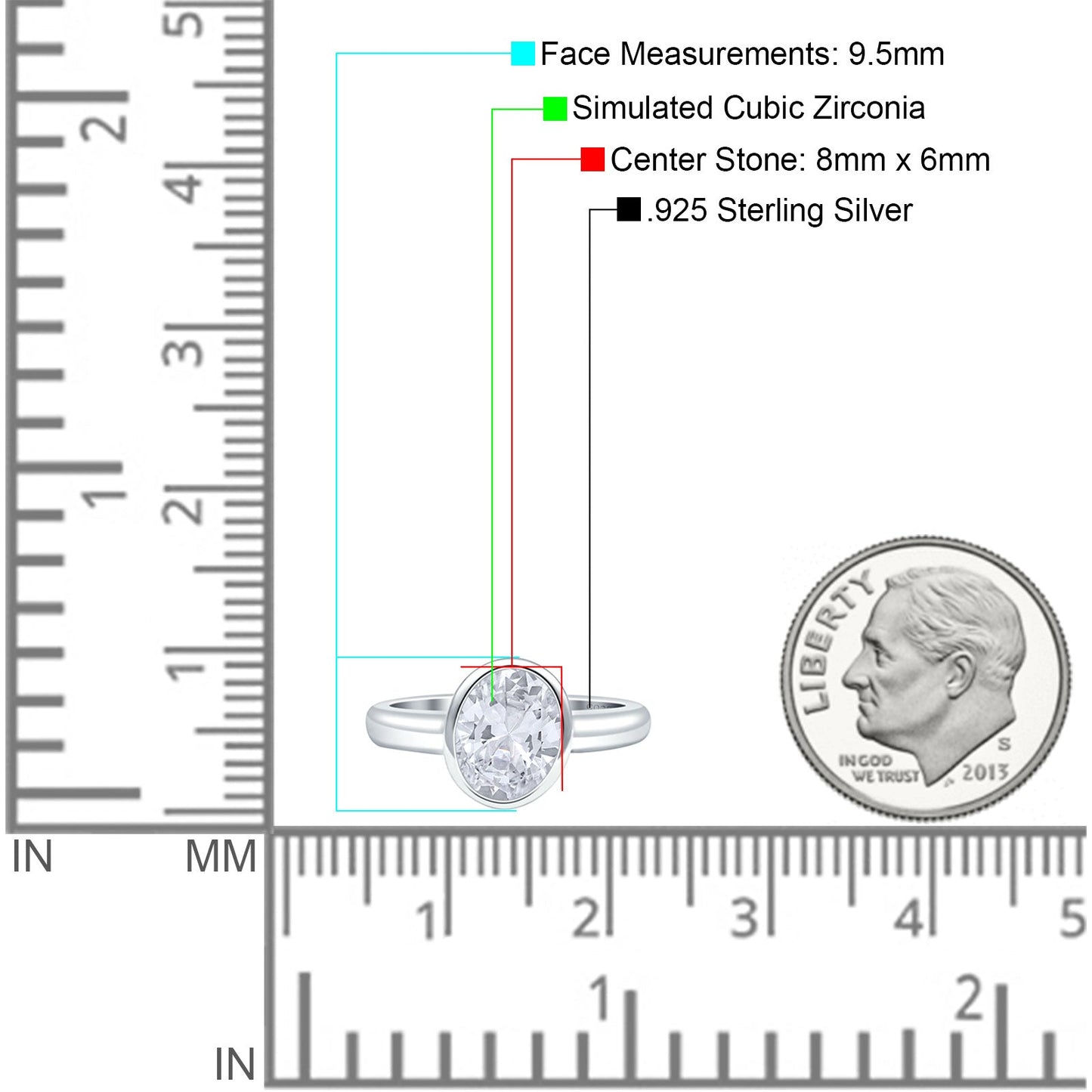 Bezel Set 8mmX6mm Oval Cubic Zirconia Engagement Ring