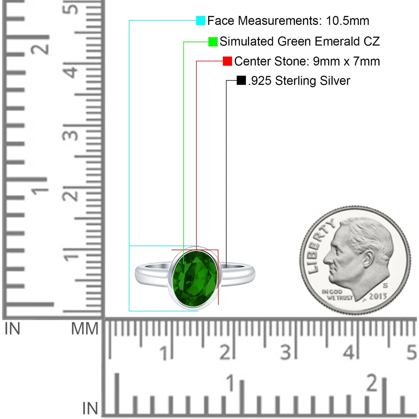 Bezel Set 9mmX7mm Oval Simulated Green Emerald CZ Engagement Ring