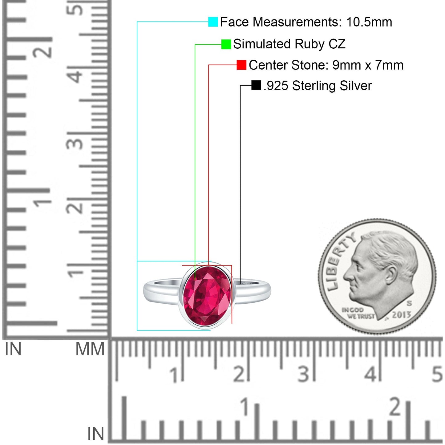 Bezel Set 9mmX7mm Oval Simulated Ruby CZ Engagement Ring