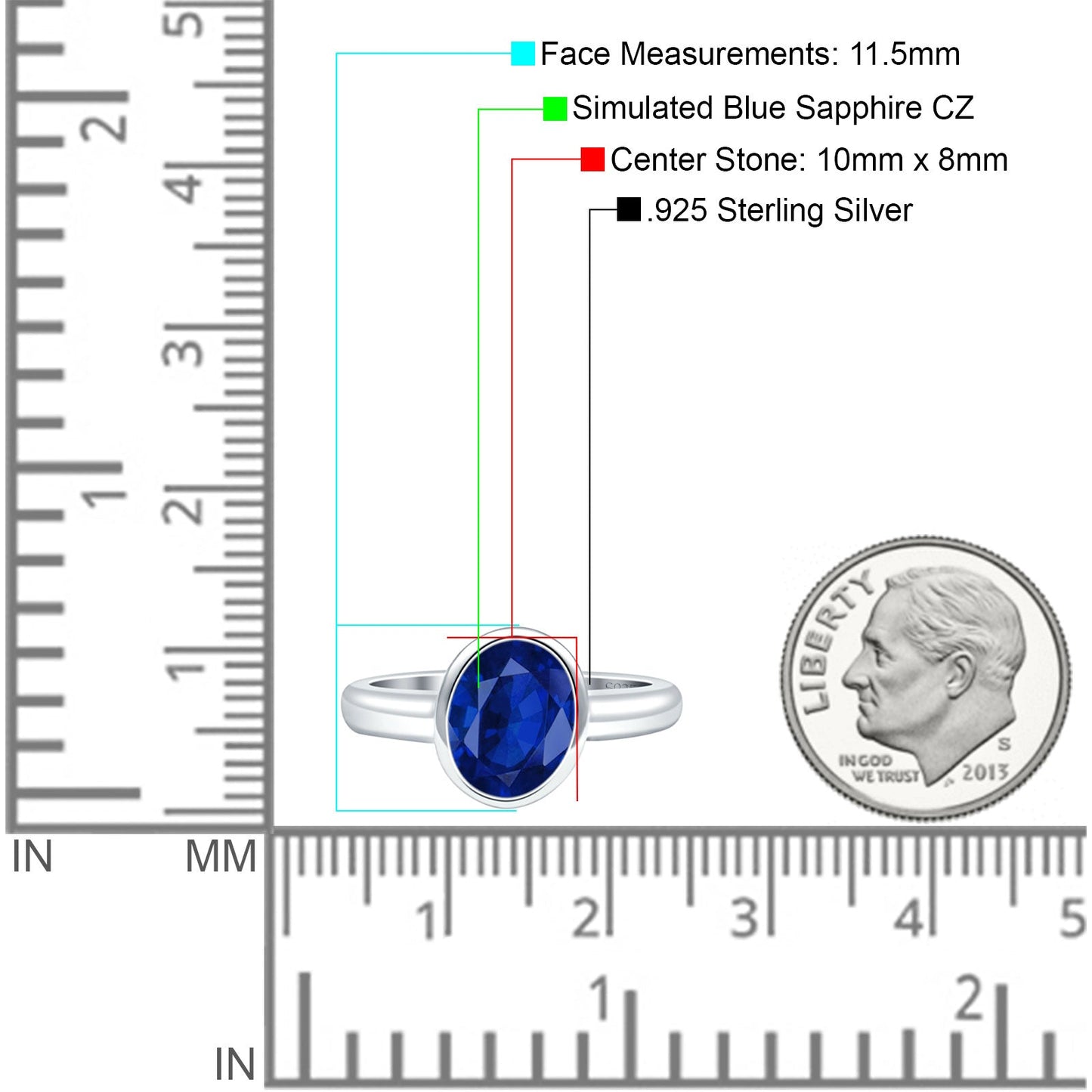 Bezel Set 10mmX8mm Oval Simulated Blue Sapphire CZ Engagement Ring