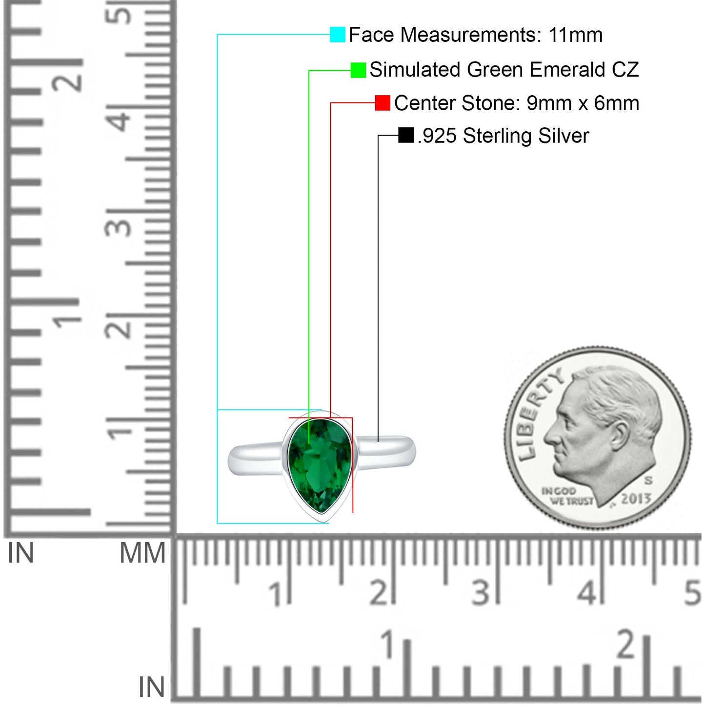 Bezel Set 9mmX6mm Pear Simulated Green Emerald CZ Engagement Ring