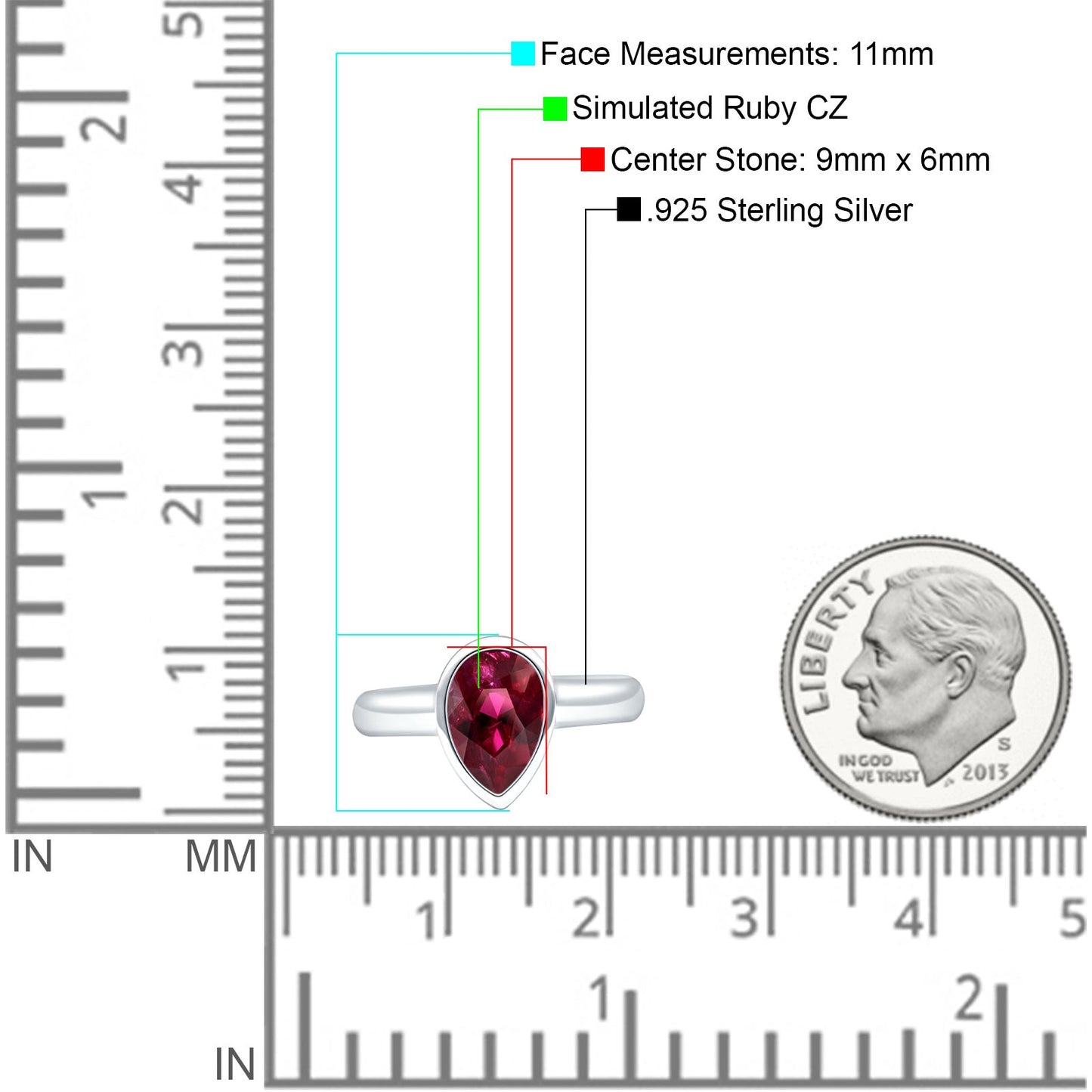 Bezel Set 9mmX6mm Pear Simulated Ruby CZ Engagement Ring