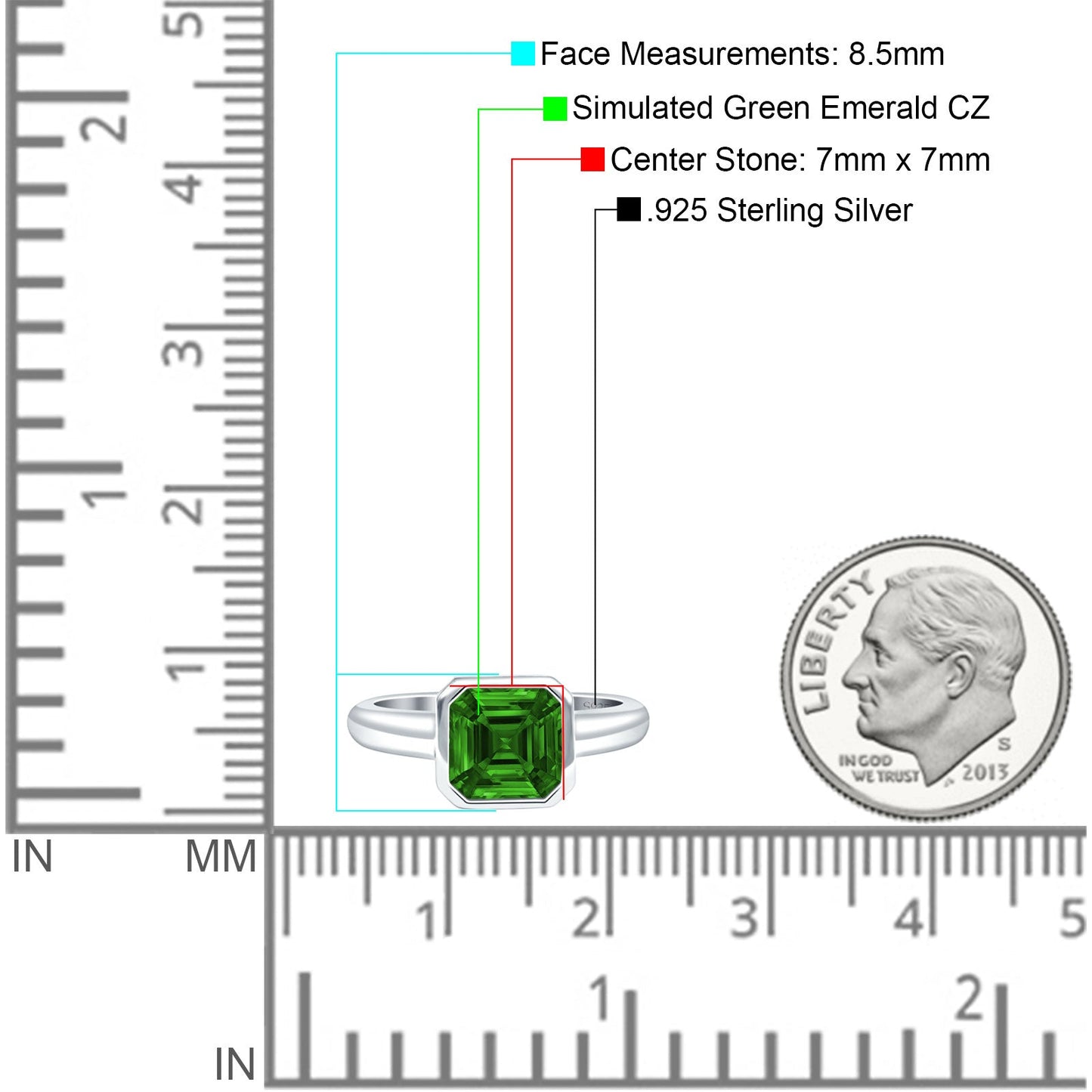 Bezel Set 7mmX7mm Asscher Engagement Ring Simulated Green Emerald