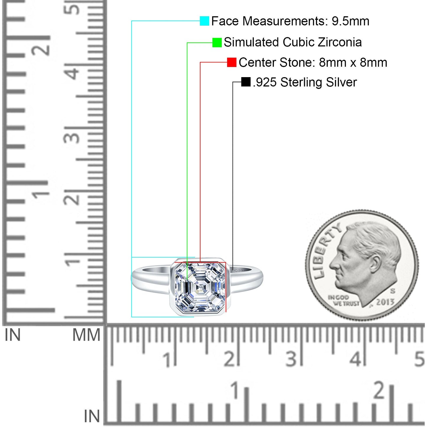 Bezel Set 8mmX8mm Asscher Engagement Ring Cubic Zirconia