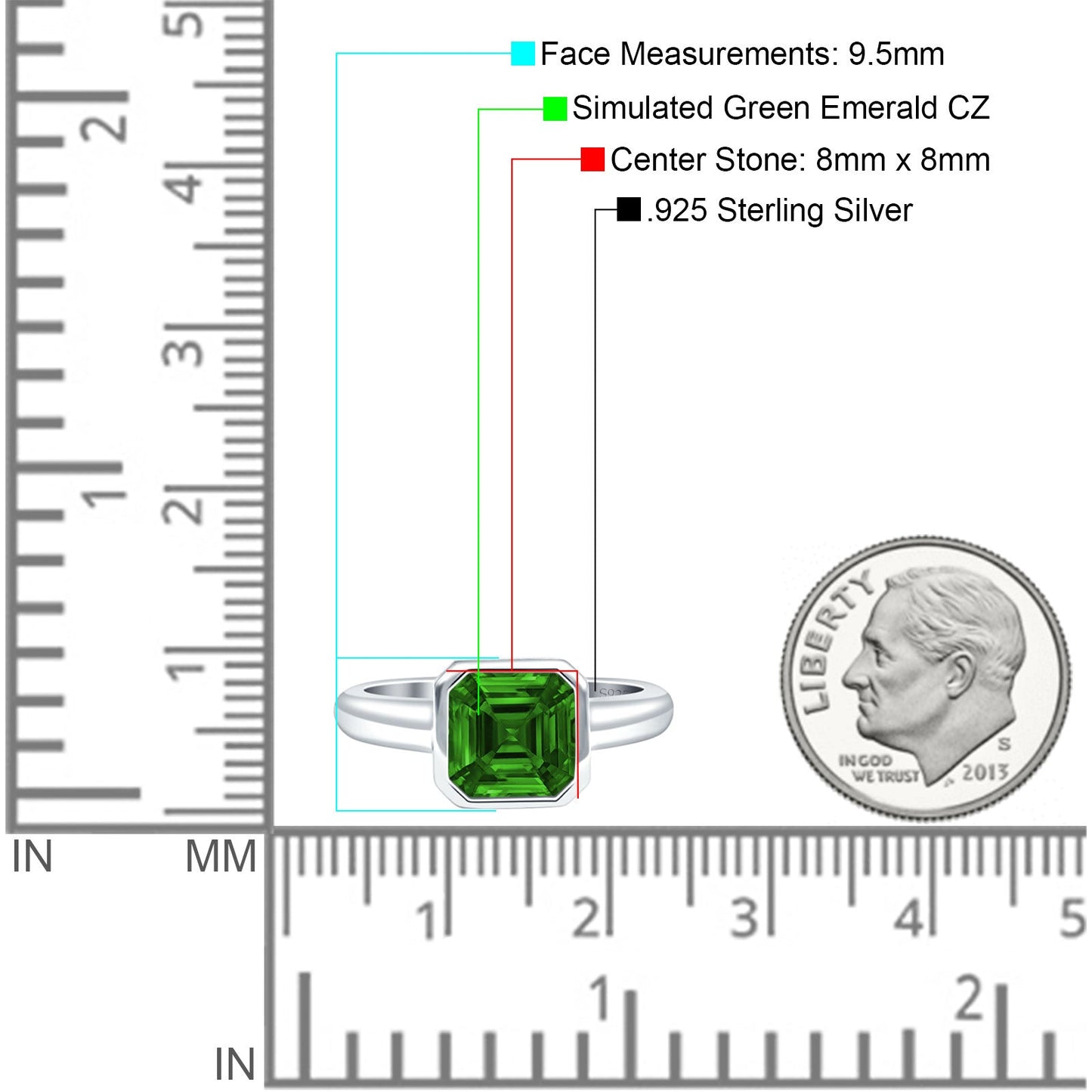 Bezel Set 8mmX8mm Asscher Engagement Ring Simulated Green Emerald