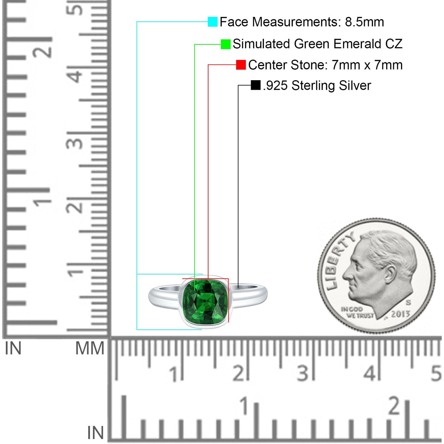 Bezel Set 7mmX7mm Cushion Engagement Ring Simulated Green Emerald