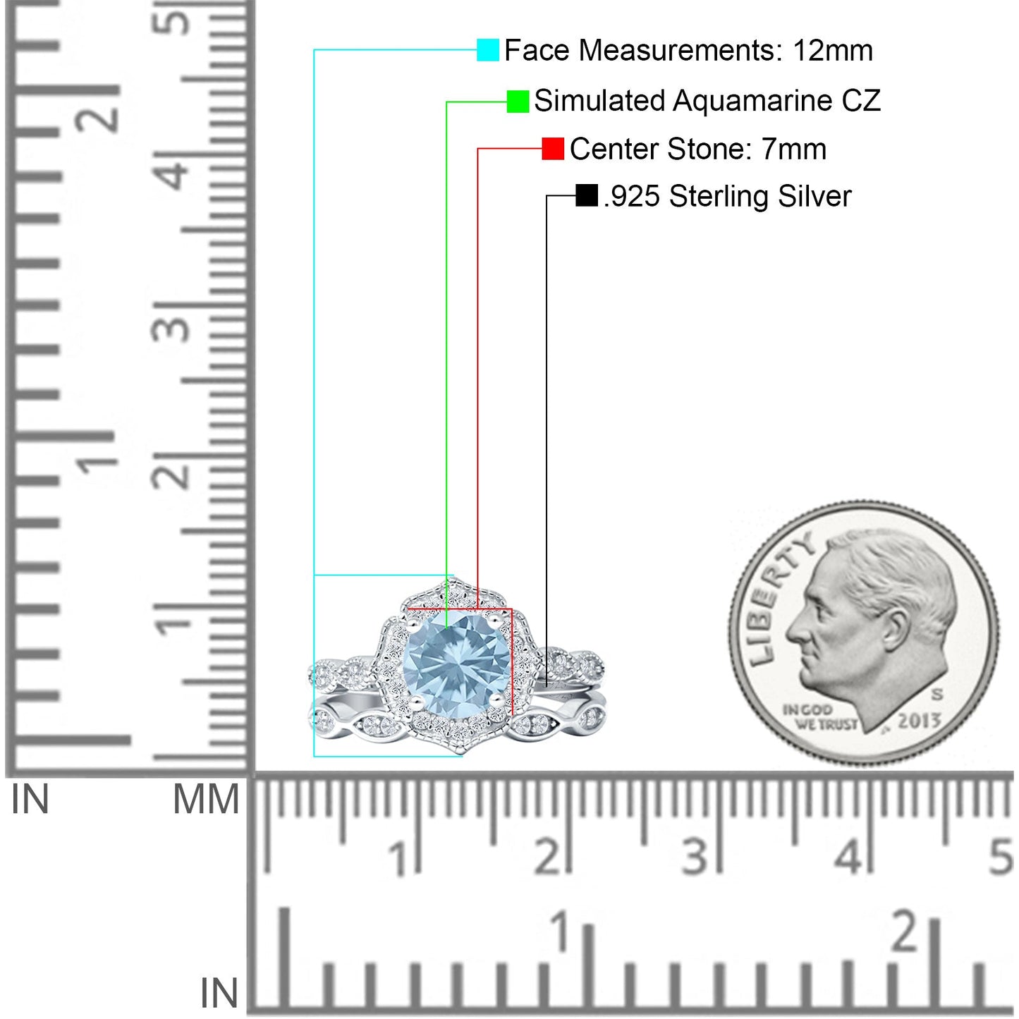 Two Piece Round Halo Floral Ring Aquamarine CZ