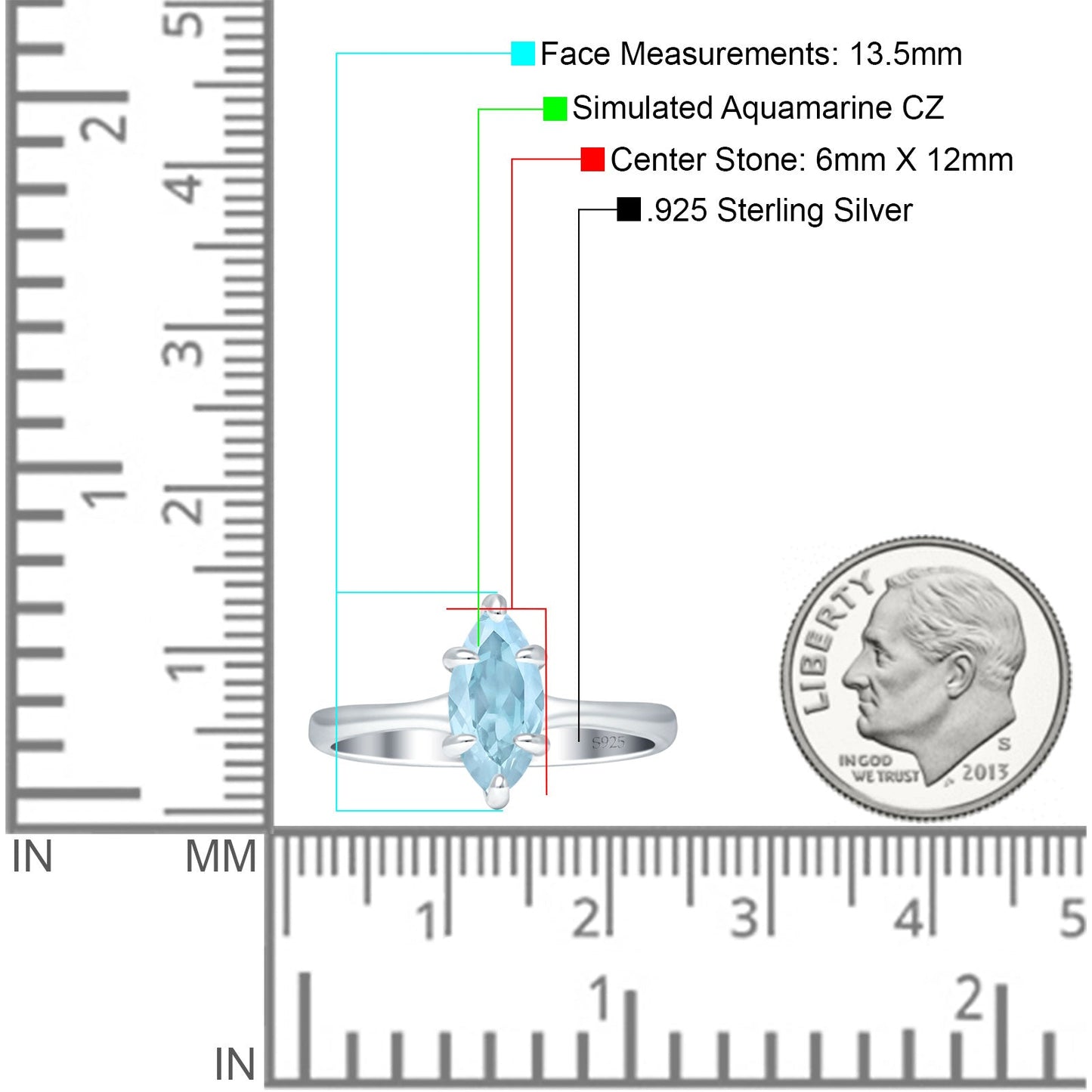 Marquise 6X12 Solitaire Ring Aquamarine CZ