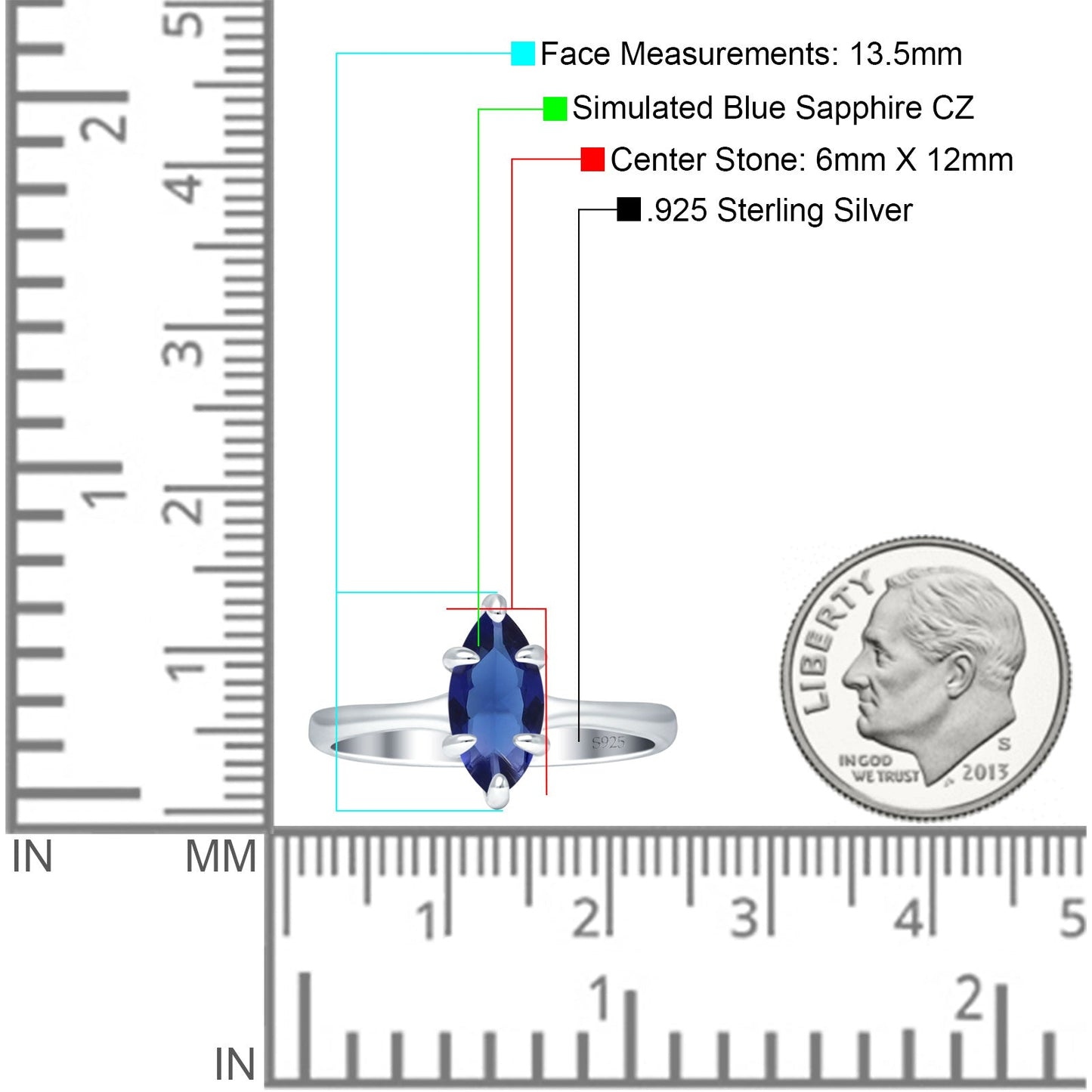 Marquise 6X12 Solitaire Ring Blue Sapphire CZ