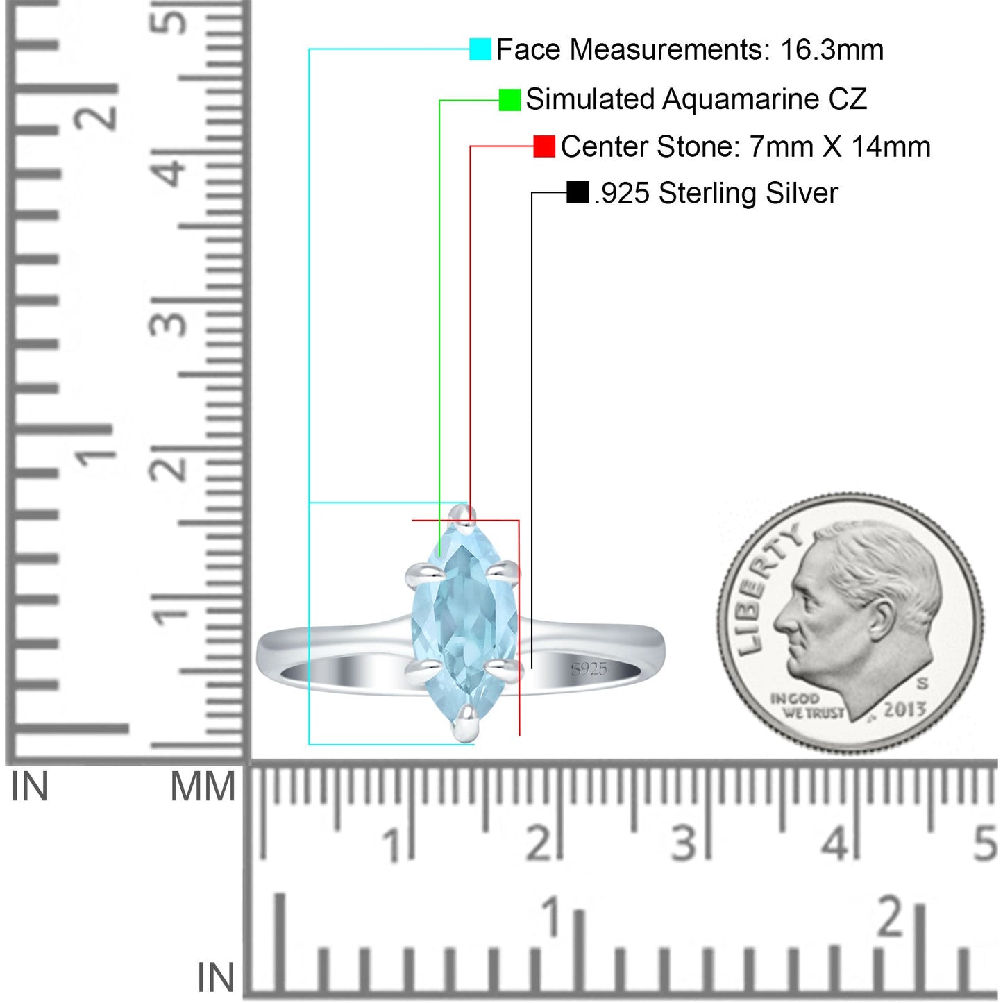 Marquise 7X14 Solitaire Ring Aquamarine CZ