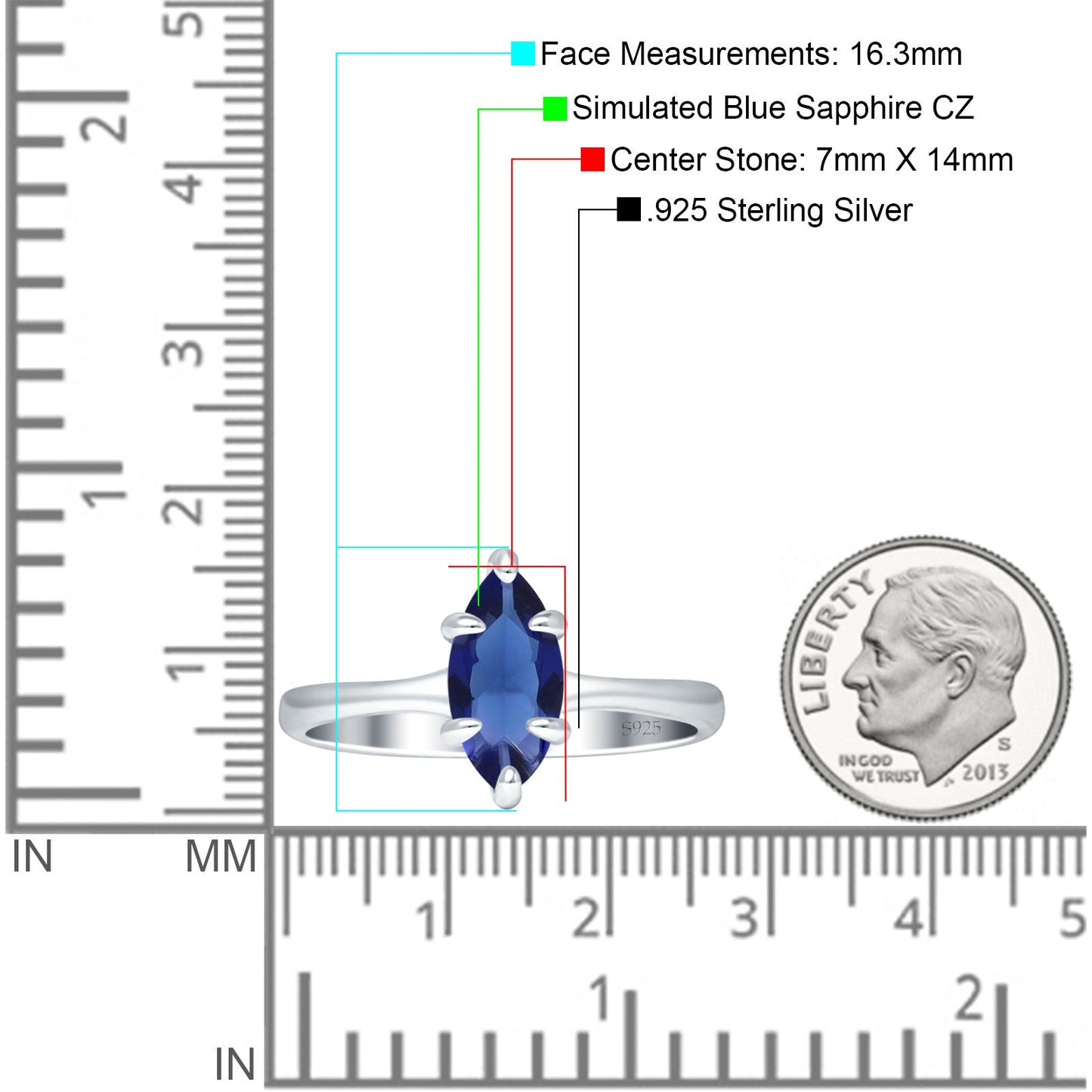 Marquise 7X14 Solitaire Ring Blue Sapphire CZ