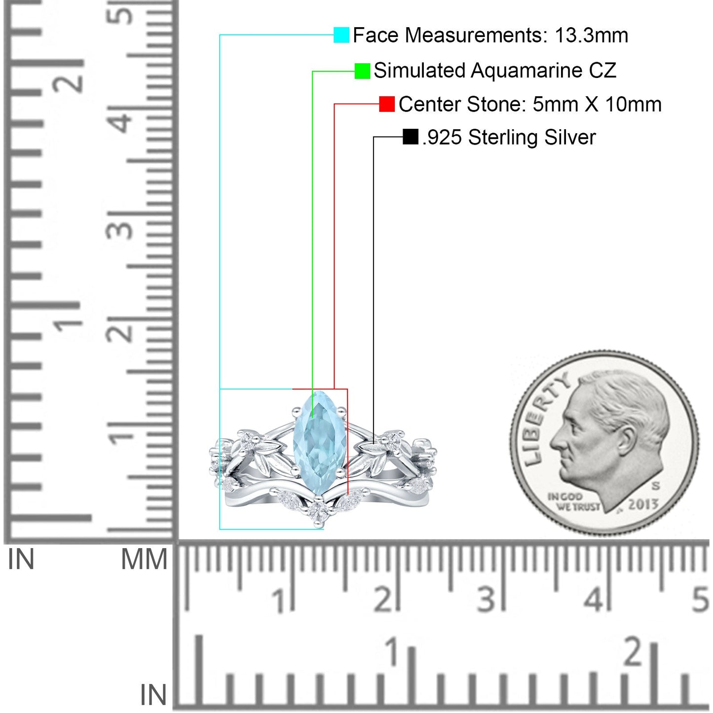 Marquise Split Shank Aquamarine CZ Leaf Floral Ring