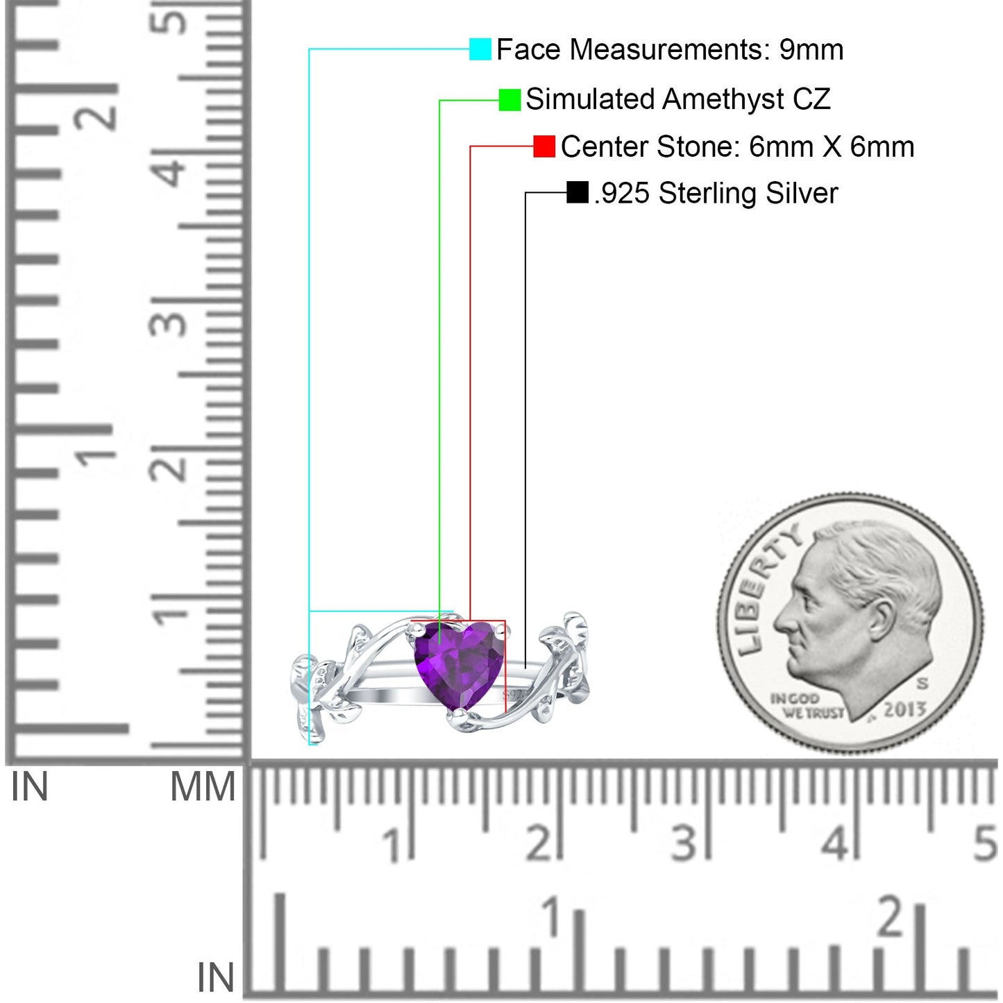 Heart Leaf Art Deco Promise Ring Amethyst CZ