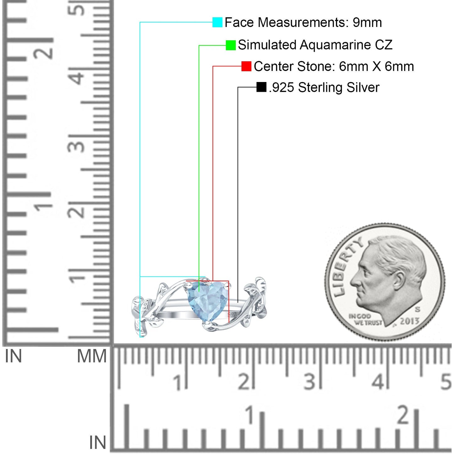 Heart Leaf Art Deco Promise Ring Aquamarine CZ