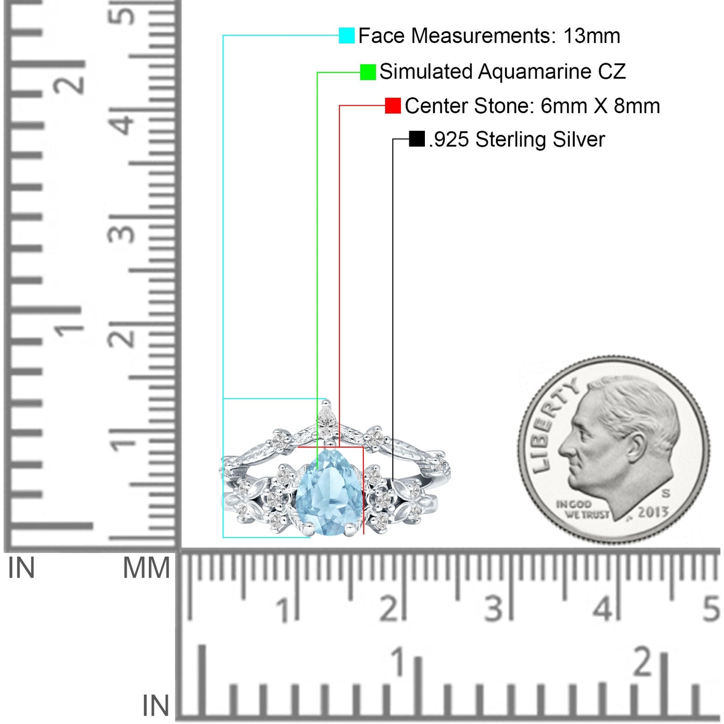 Two Piece Pear Teardrop Bridal Ring Aquamarine CZ