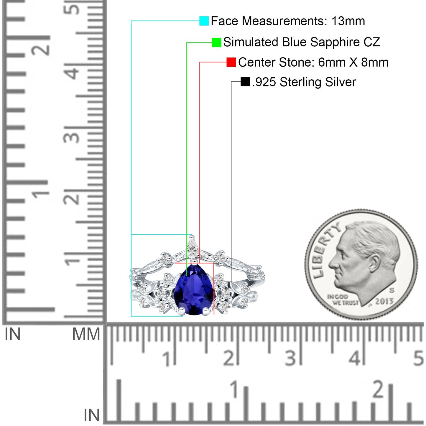 Two Piece Pear Teardrop Bridal Ring Blue Sapphire CZ