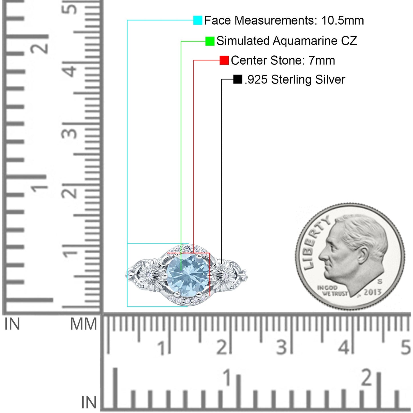 Art Deco Ring Sunflower Design Round Aquamarine CZ