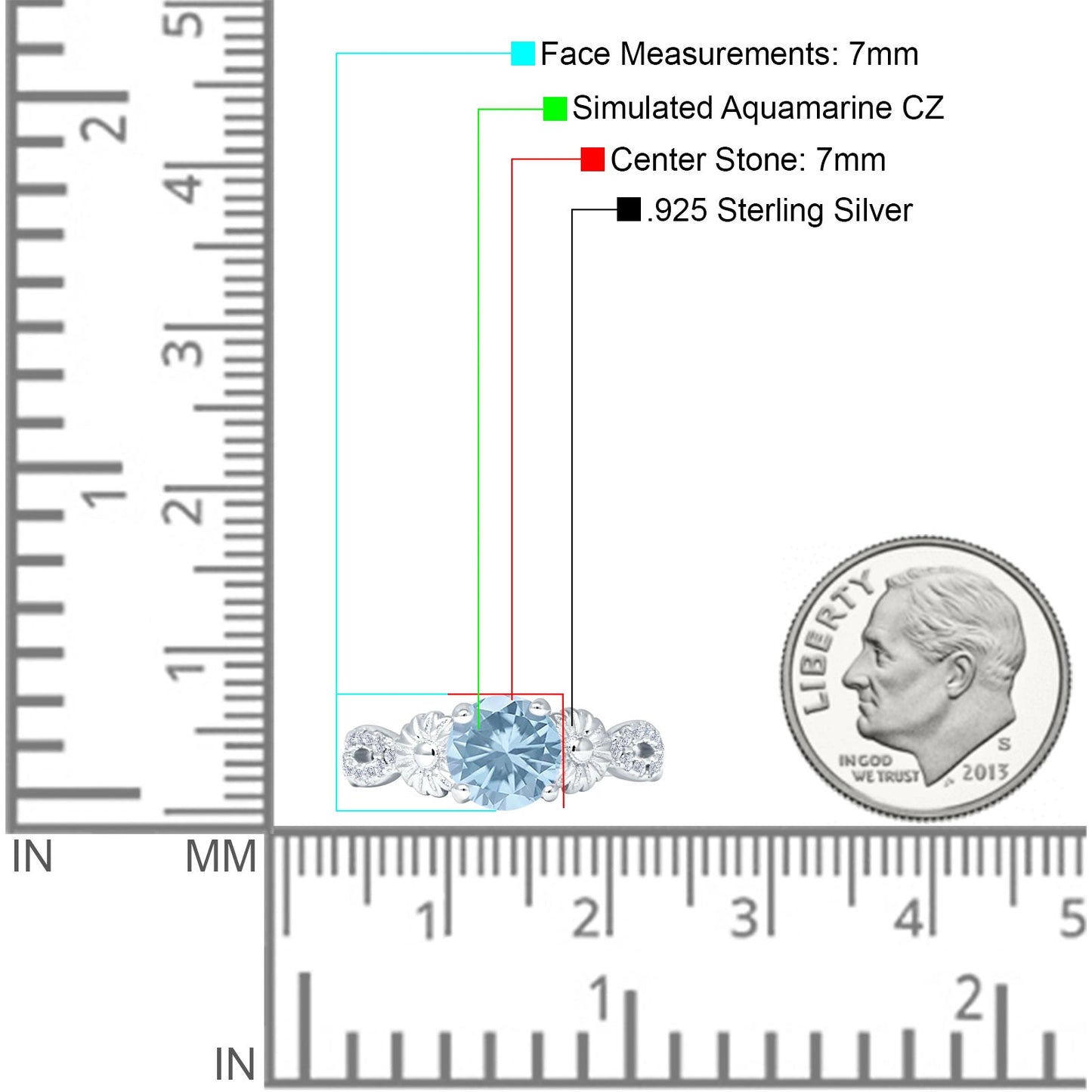 Vintage Style Sunflower Round Aquamarine CZ Ring