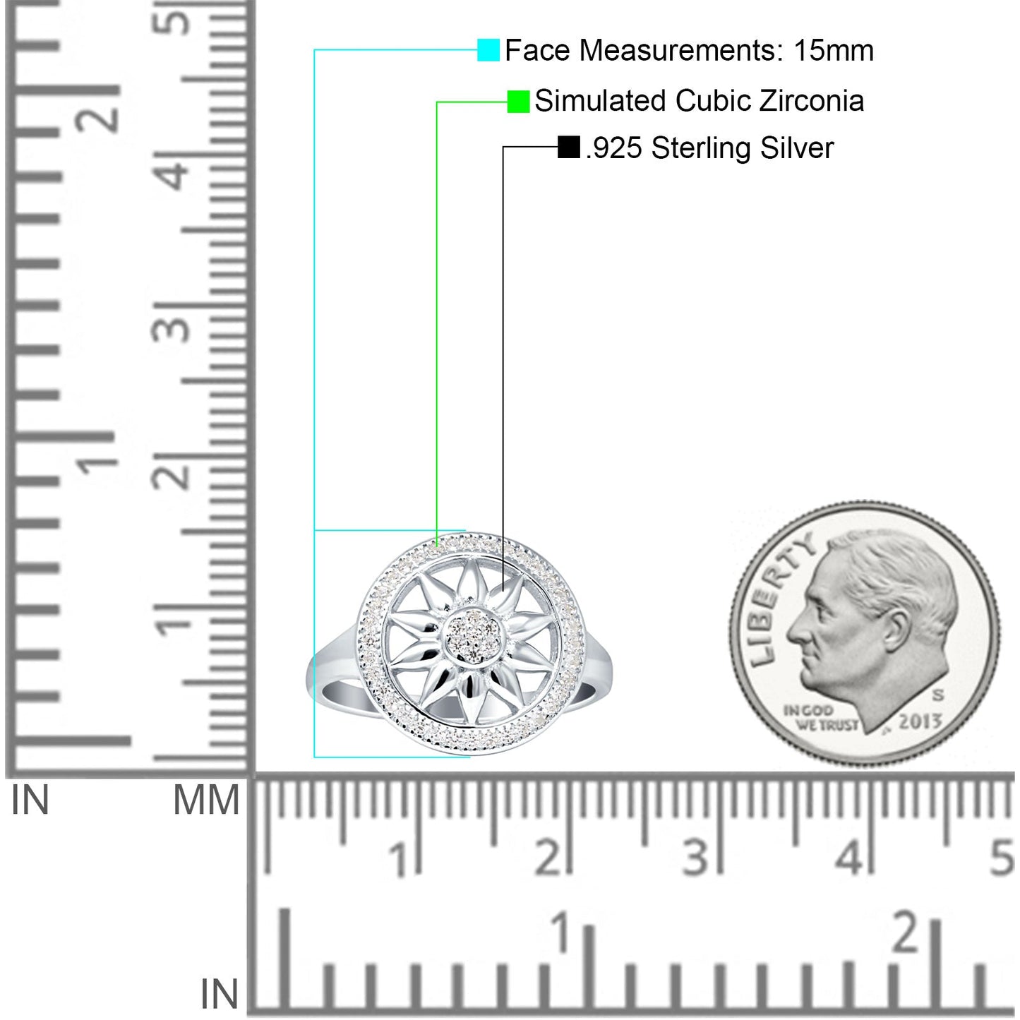 Floral Round Sunflower Compass Halo Cubic Zirconia Ring