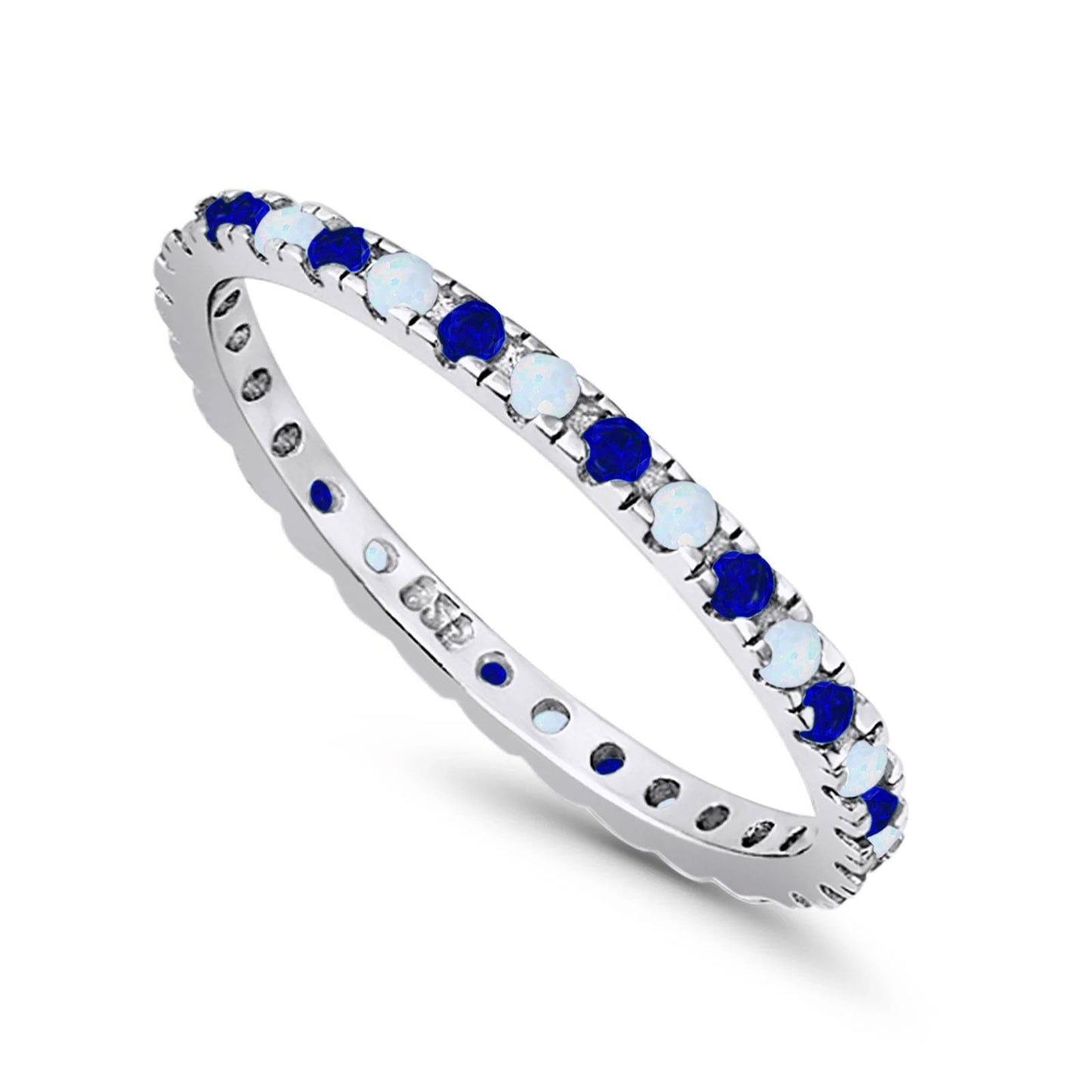 Stackable Band Wedding Ring Round Full Eternity Lab White Opal & Simulated Blue Sapphire CZ