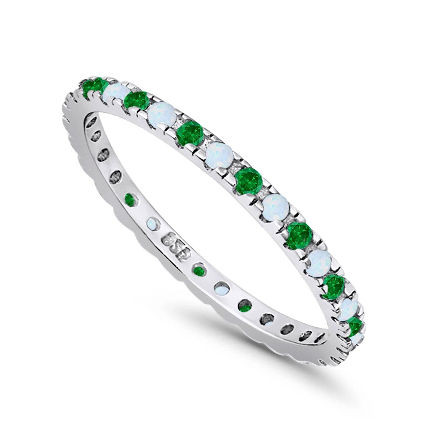 Stackable Band Wedding Ring Round Full Eternity Lab White Opal & Simulated Green Emerald CZ