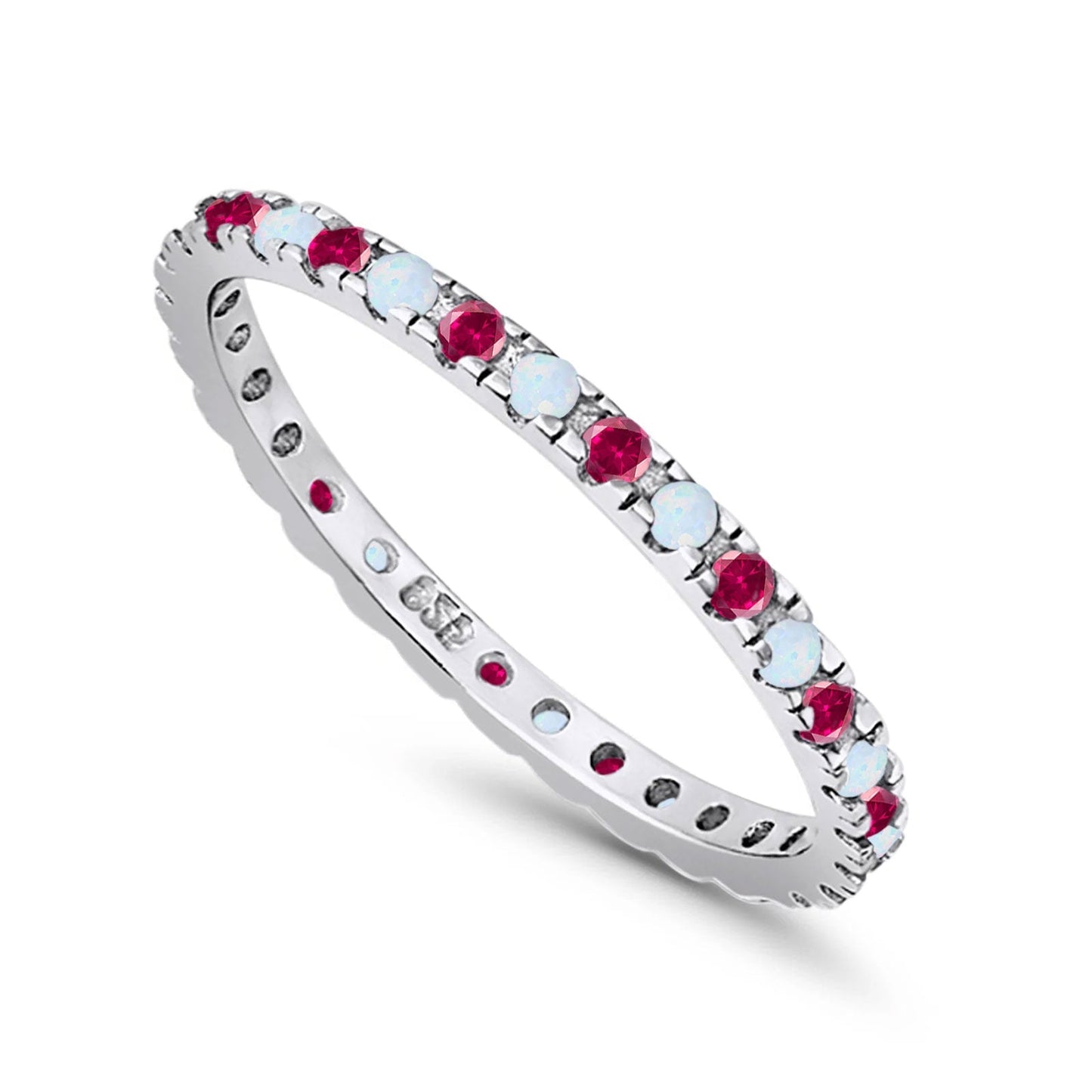 Stackable Band Wedding Ring Round Full Eternity Lab White Opal & Simulated Ruby CZ