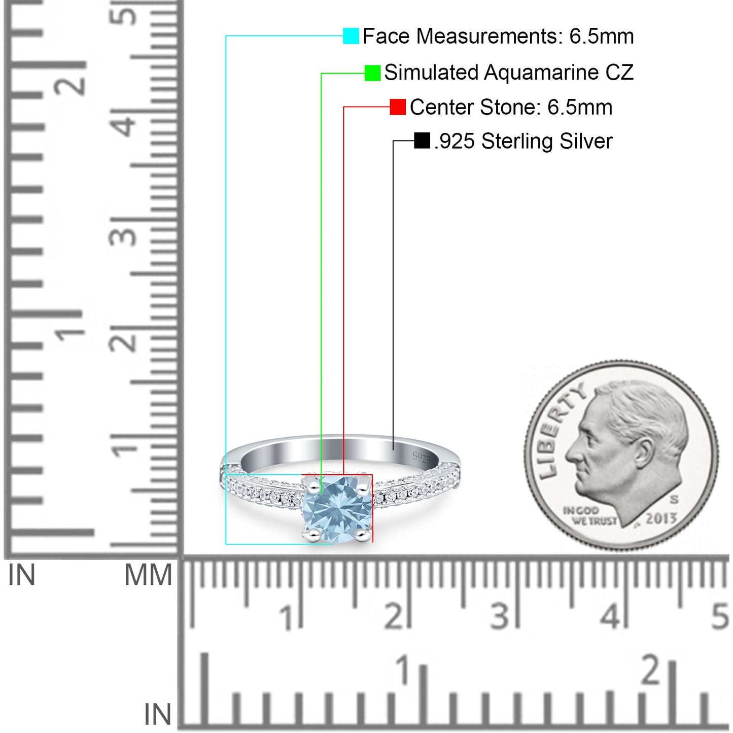 Solitaire Accent Round Simulated Aquamarine CZ Engagement Ring