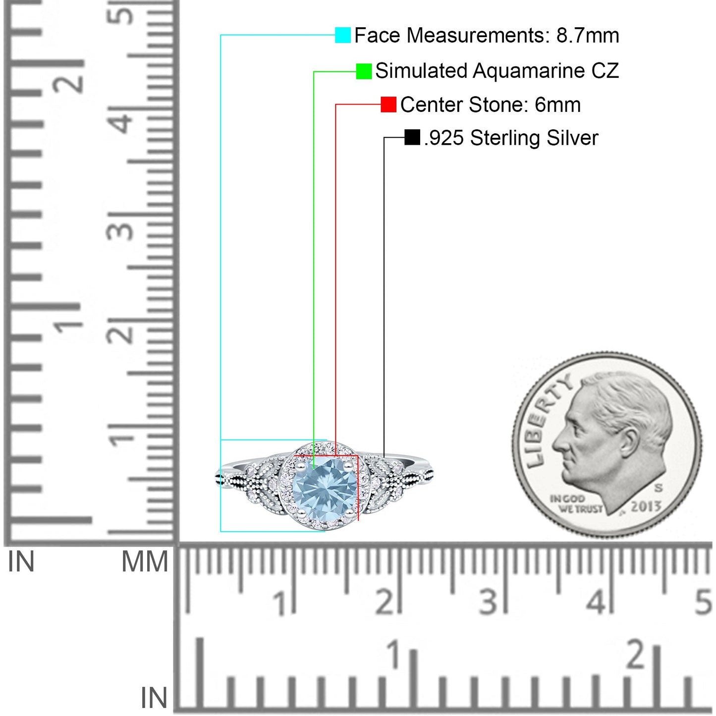 Art Deco Round Butterfly Simulated Aquamarine Engagement Ring