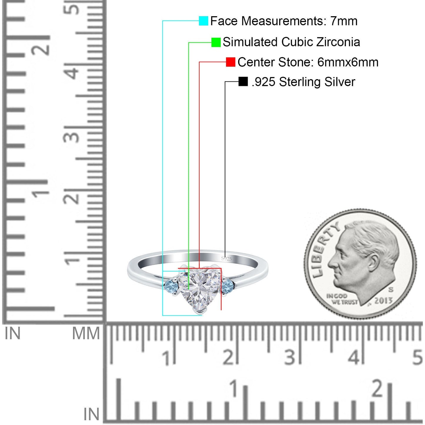 Art Deco Heart Three Stone Aquamarine Simulated Cubic Zirconia Wedding Ring