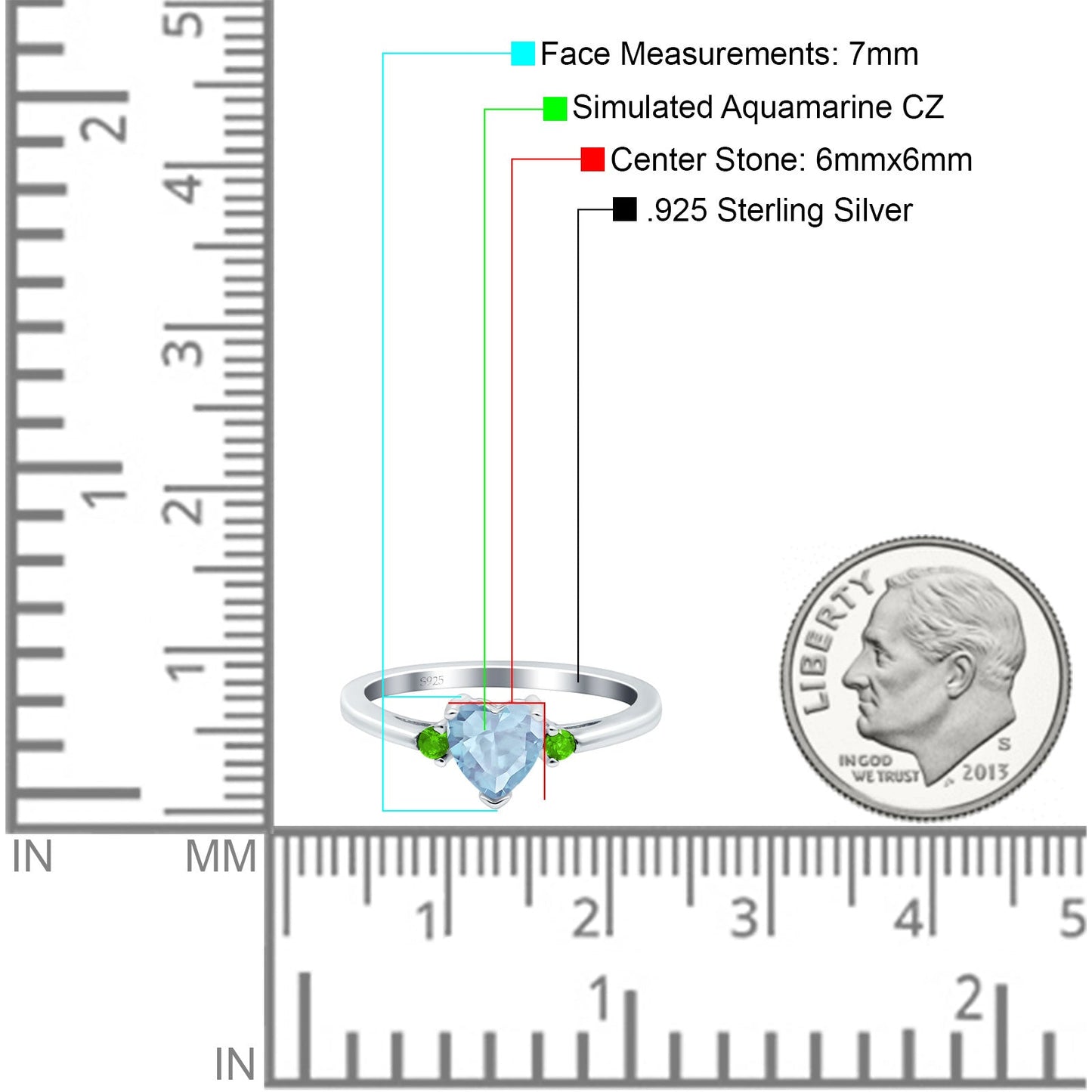 Aquamarine Ring Simulated Three Stone CZ Heart Ring