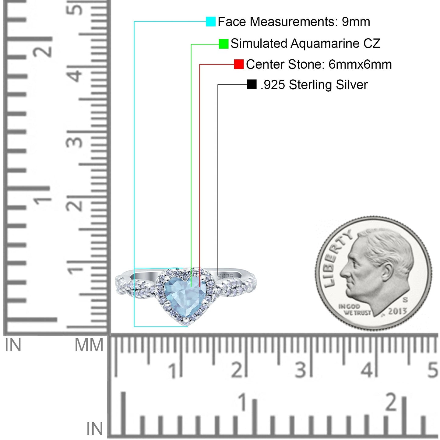 Art Deco Heart Infinity Simulated Aquamarine CZ Wedding Bridal Ring