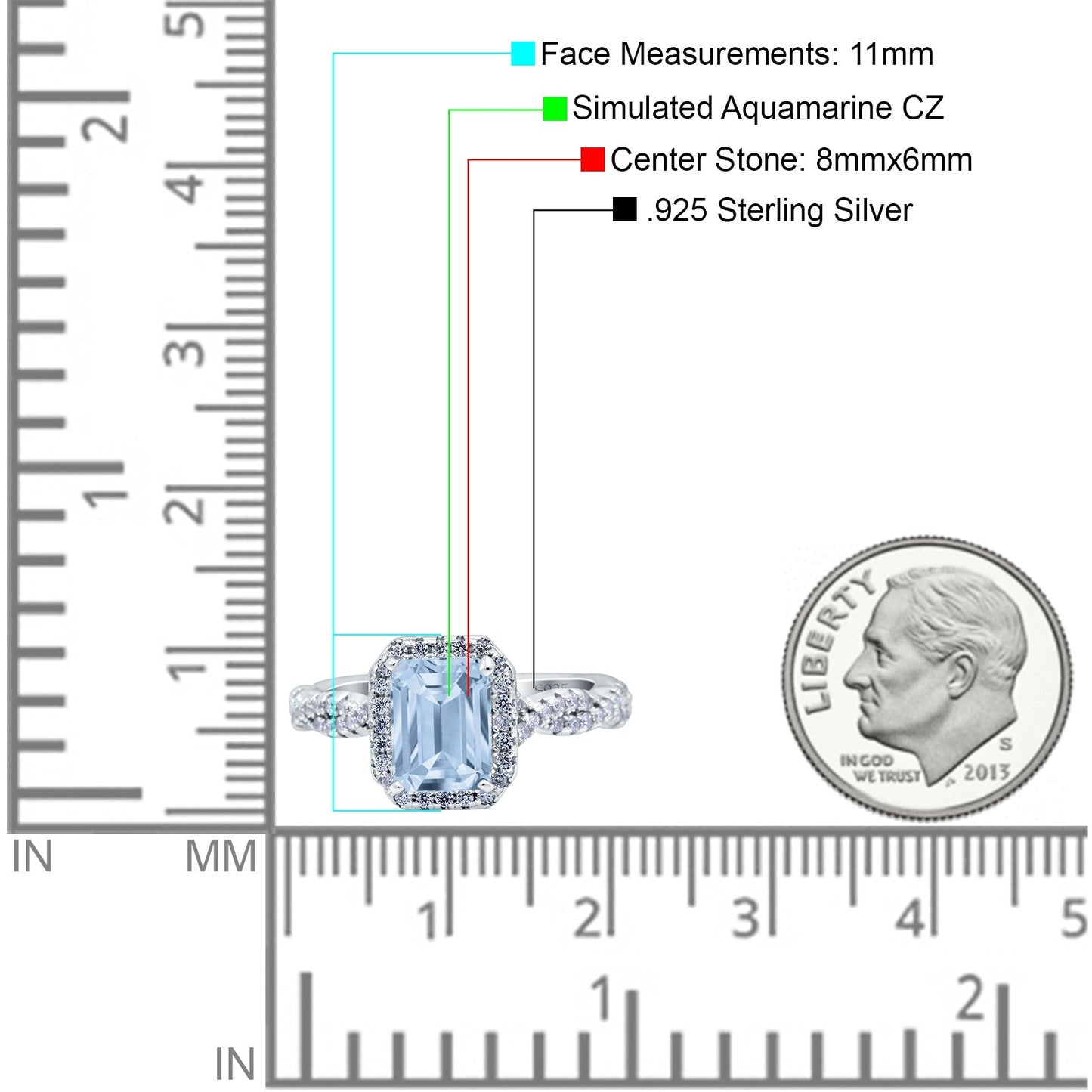 Art Deco Emerald Cut Infinity Simulated Aquamarine CZ Wedding Bridal Ring