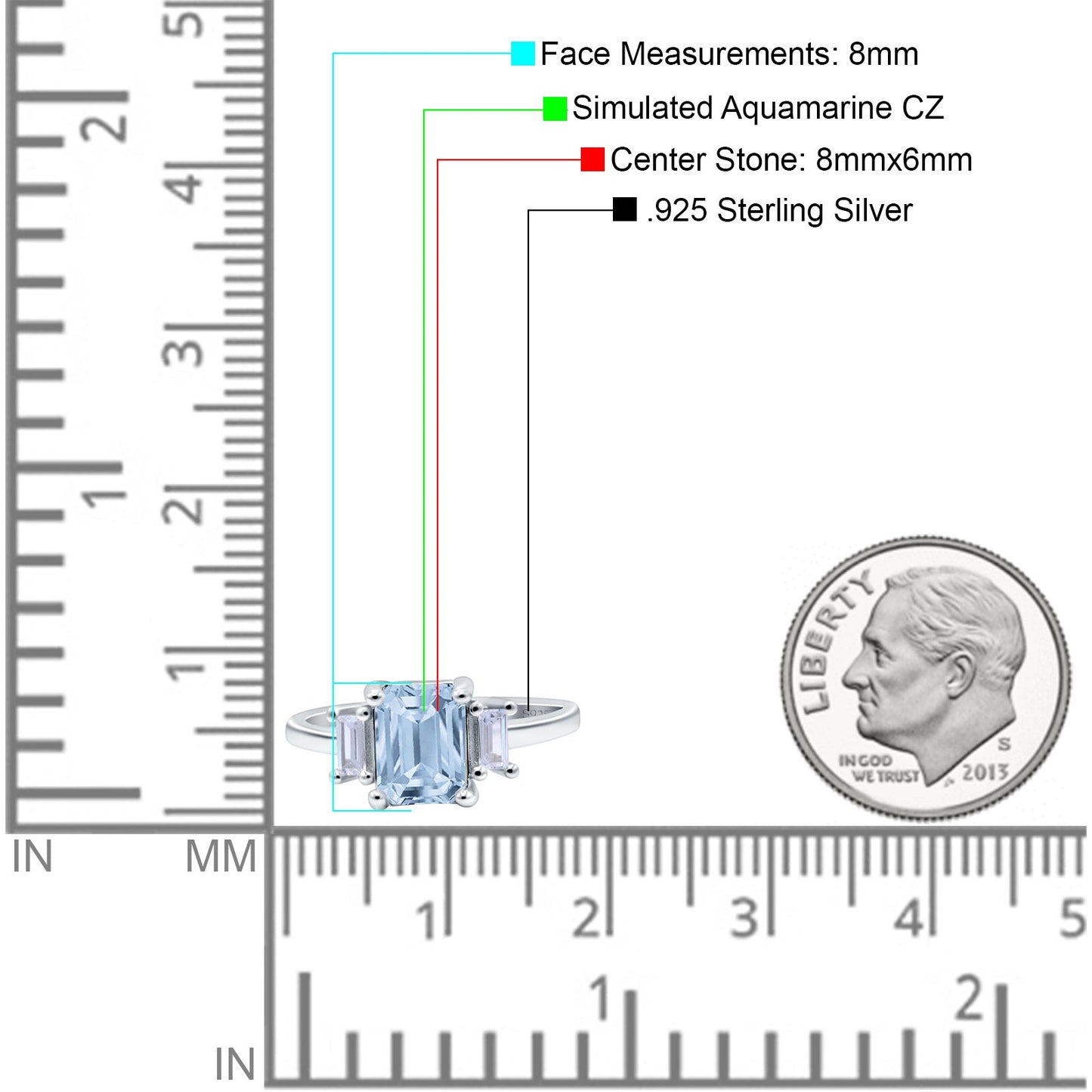 Emerald Cut Art Deco Three Stone Simulated Aquamarine CZ Wedding Ring