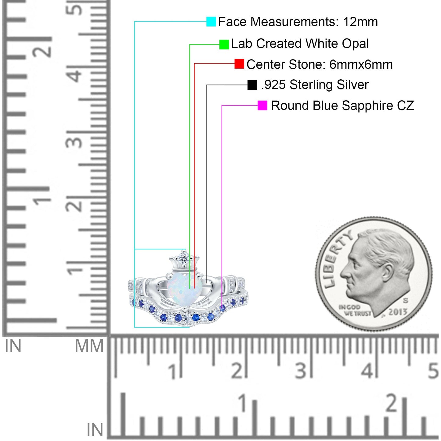Claddagh Ring Bridal Piece Sapphire Created White Opal