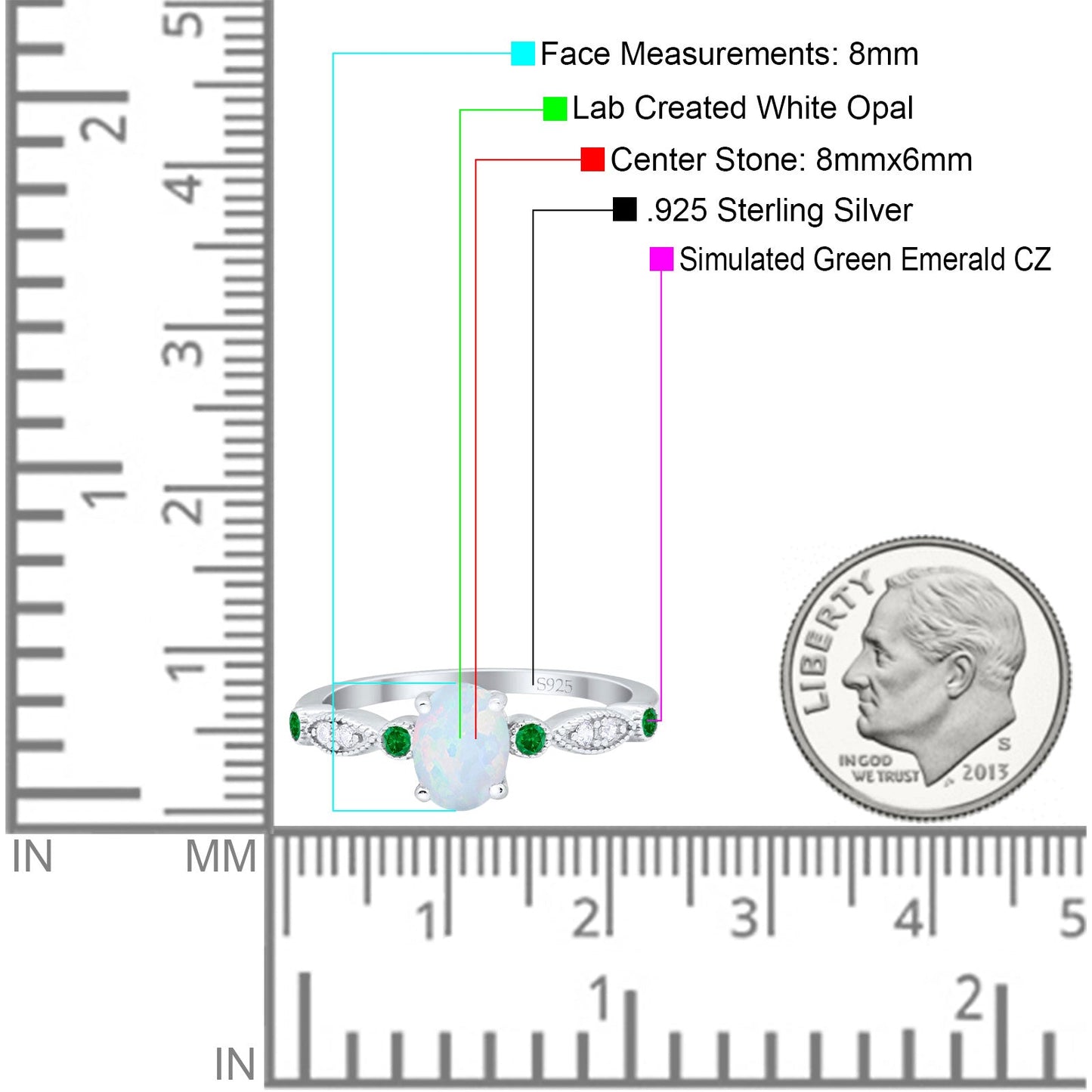 Vintage Style Oval Round Green Emerald Lab Created White Opal Bridal Wedding Ring