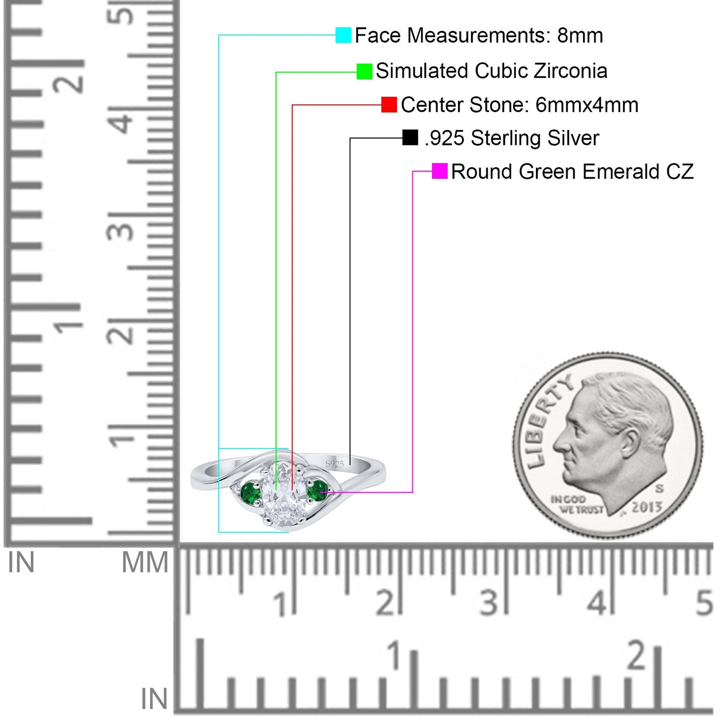 Three Stone Oval Cut Round Simulated Green Emerald Cubic Zirconia Engagement Ring