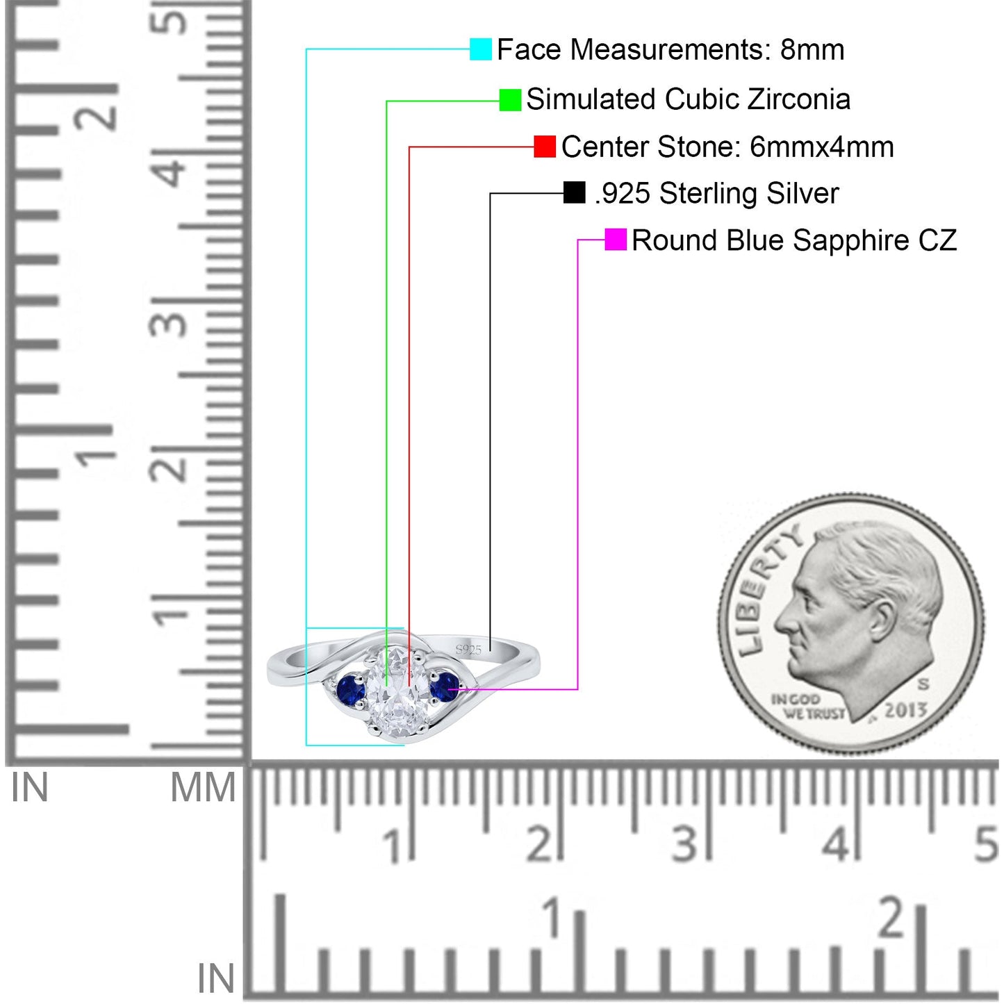 Three Stone Oval Cut Round Simulated Blue Sapphire Cubic Zirconia Engagement Ring