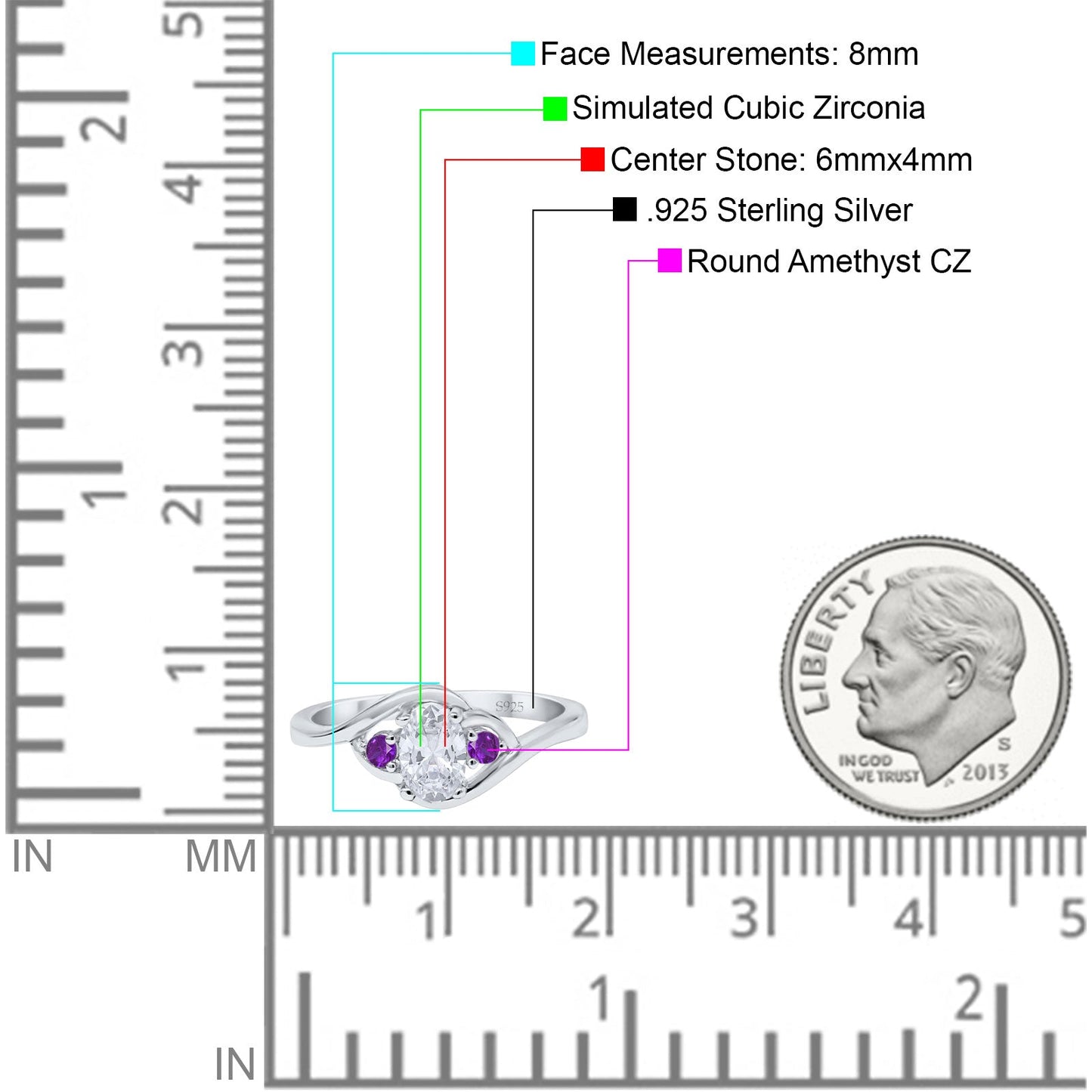 Three Stone Oval Cut Round Simulated Amethyst Cubic Zirconia Engagement Ring
