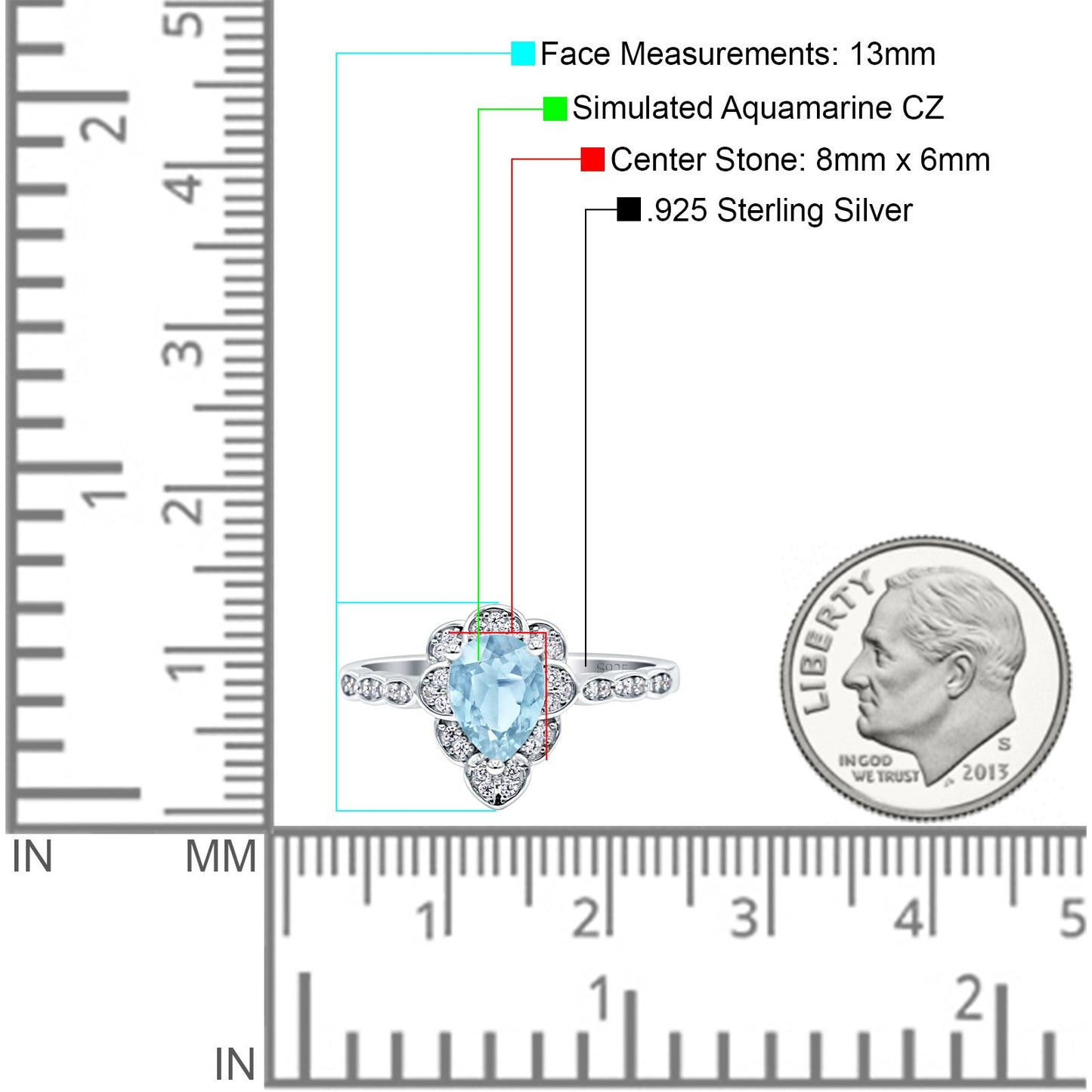 Teardrop Pear Shape Halo Simulated Aquamarine CZ Engagement Ring