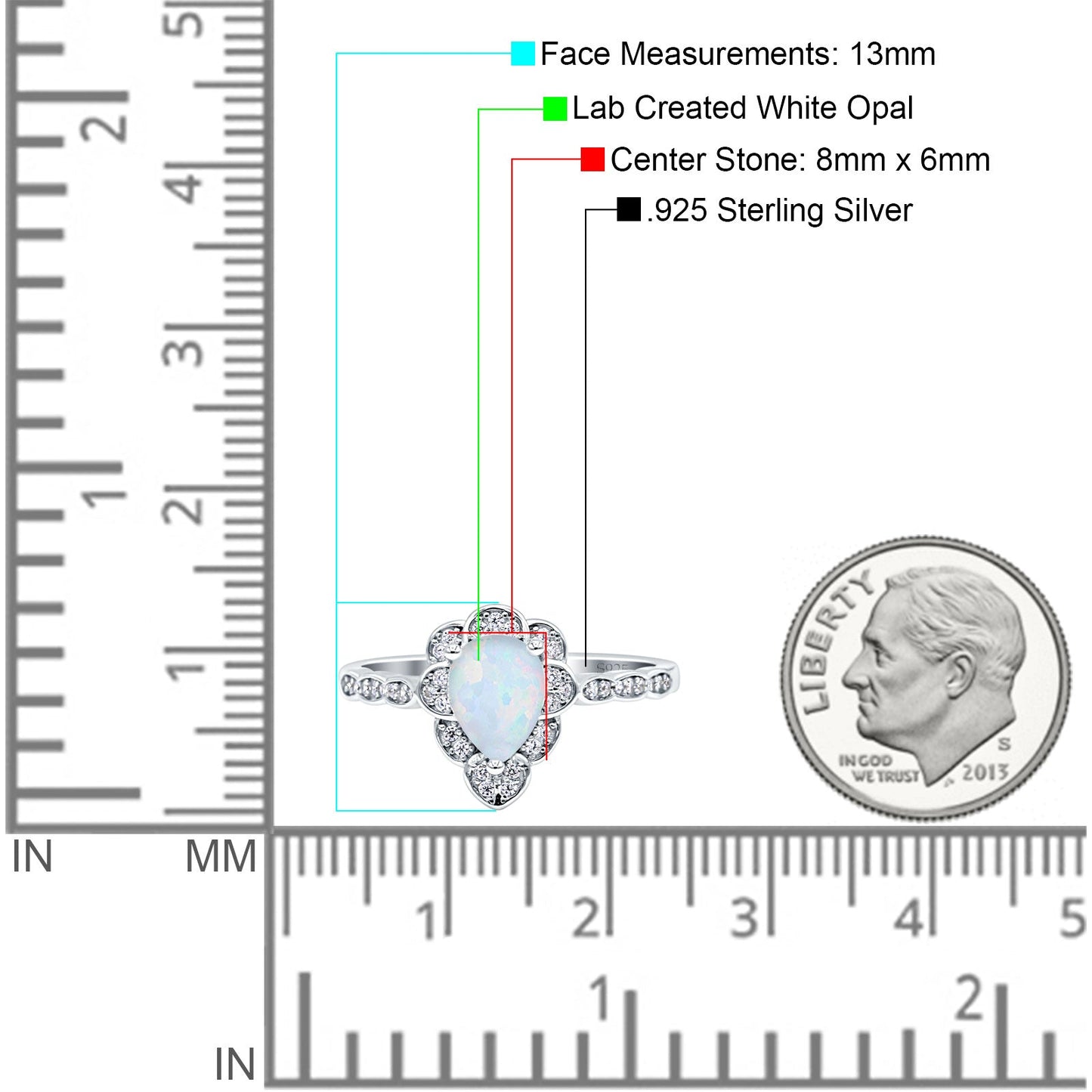 Teardrop Pear Shape Halo Lab Created White Opal Engagement Ring