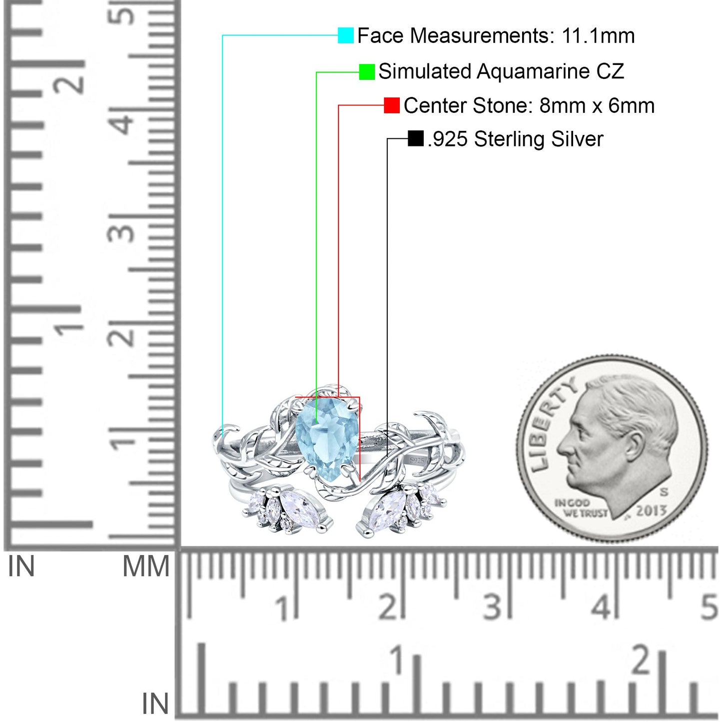 Art Deco Teardrop Pear Leaf Design Wedding Two Piece Ring Simulated Aquamarine CZ Stones