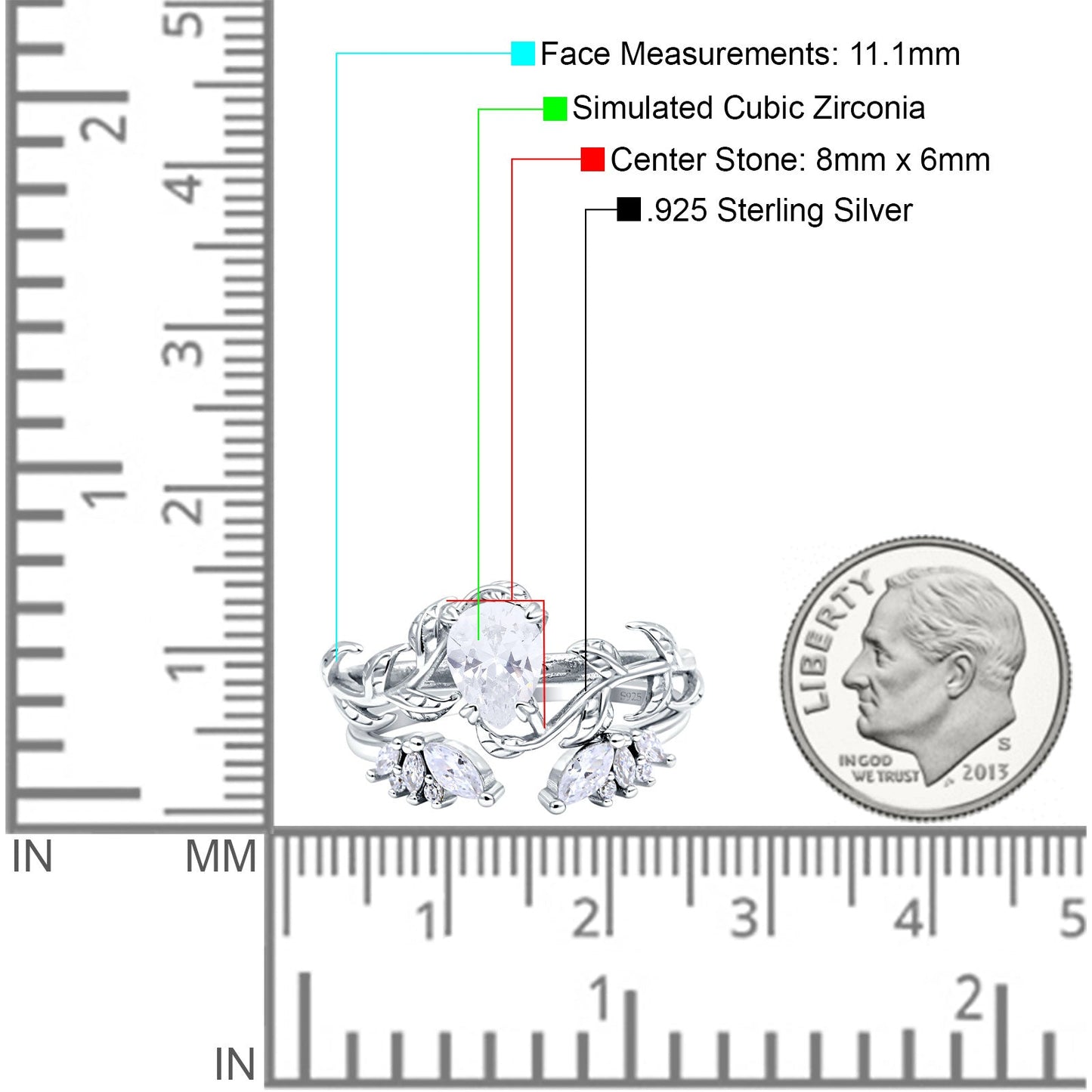 Art Deco Teardrop Pear Leaf Design Wedding Two Piece Ring Simulated Cubic Zirconia Stones