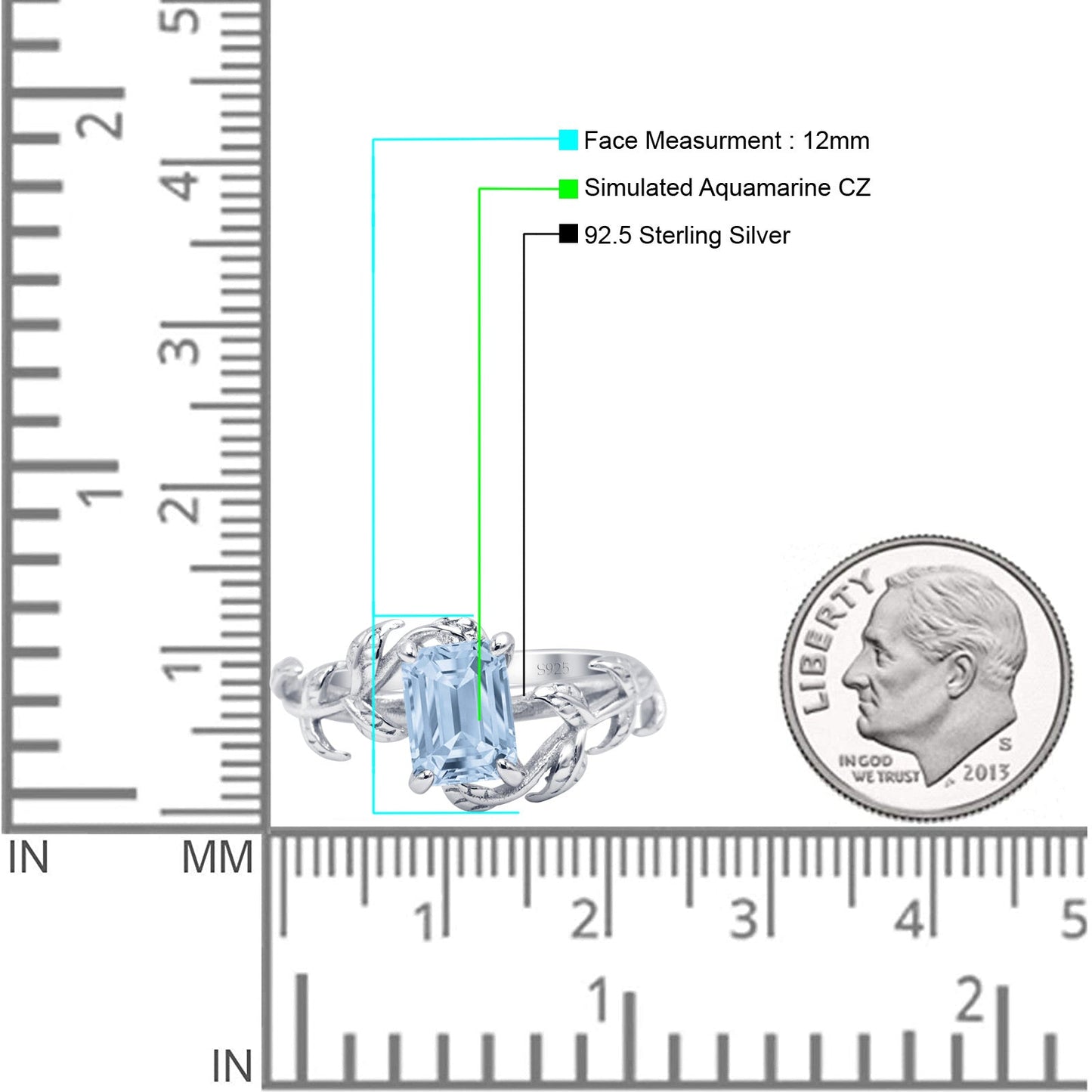 Art Deco Engagement Ring Natural Leaf Design Emerald Cut Simulated Aquamarine